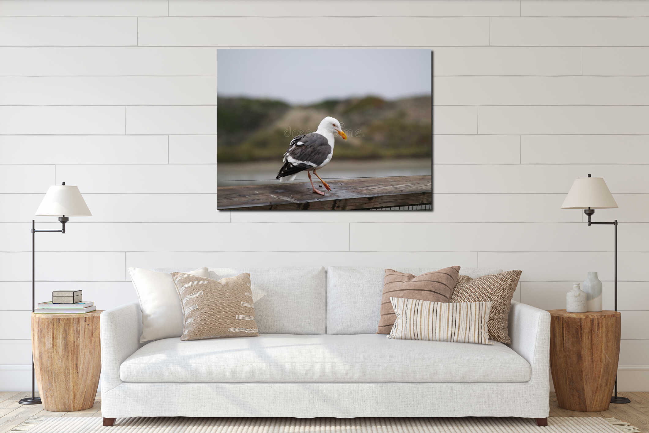 Lone Seagull Standing On Wooden Board With Hill And Water interior mockup