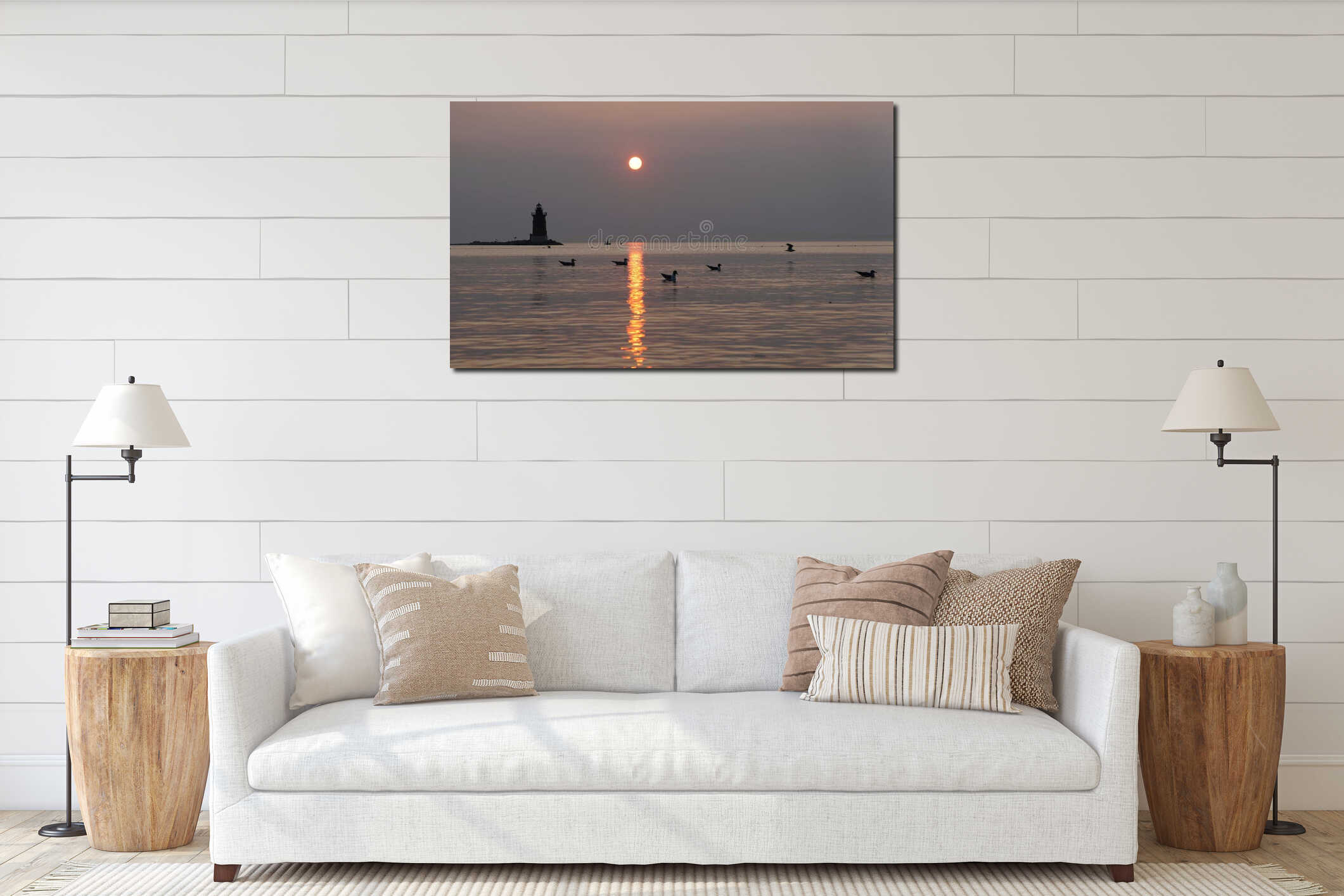 Silhouette of the lighthouse and wild birds during the sunset at Cape Henlopen State Park, Lewes, Delaware, U.S.A interior mockup