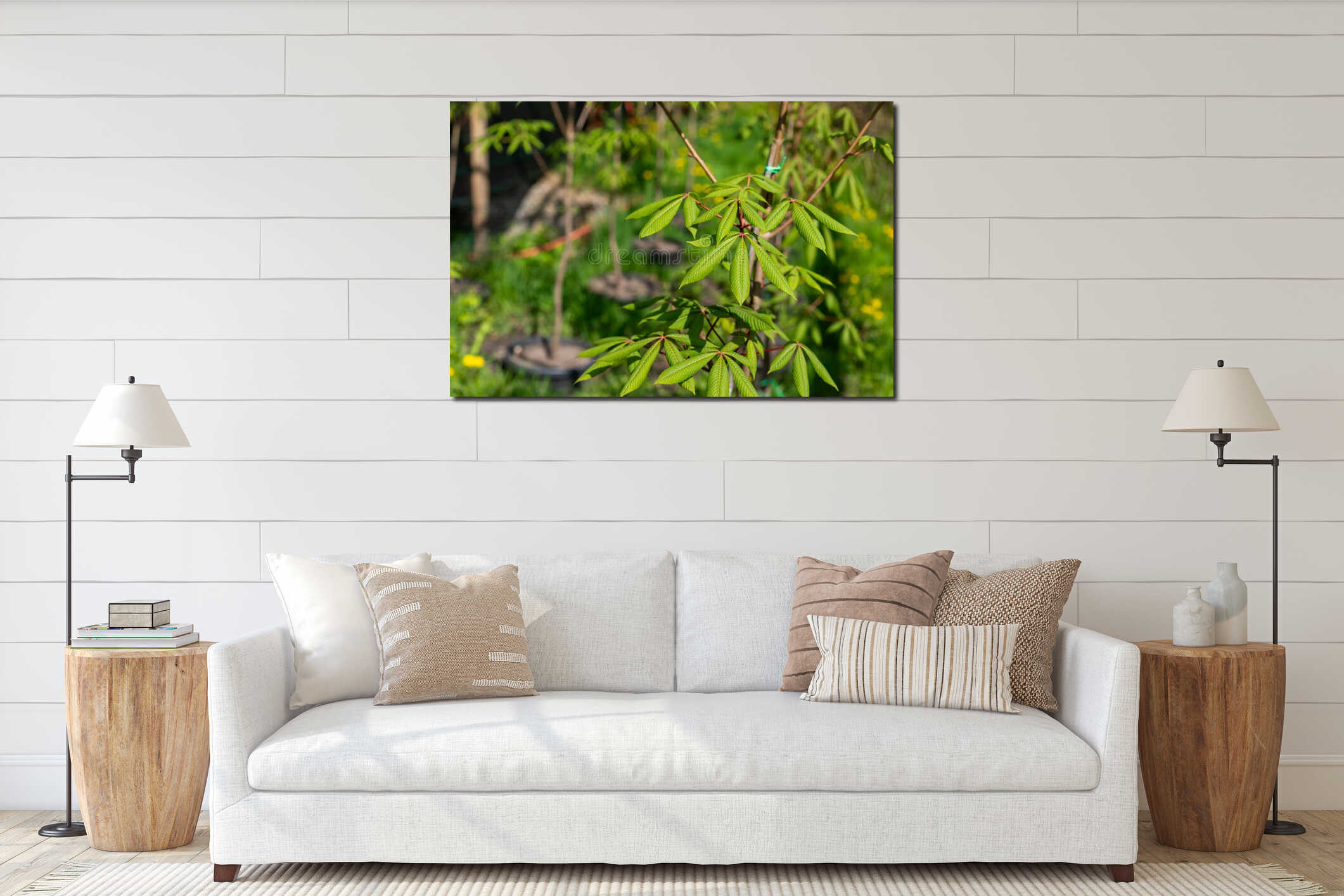 Green chestnut leaves. Springtime concept. Branch of the horse-chestnut with fresh leaves on a blurred background in greenhouse or interior mockup