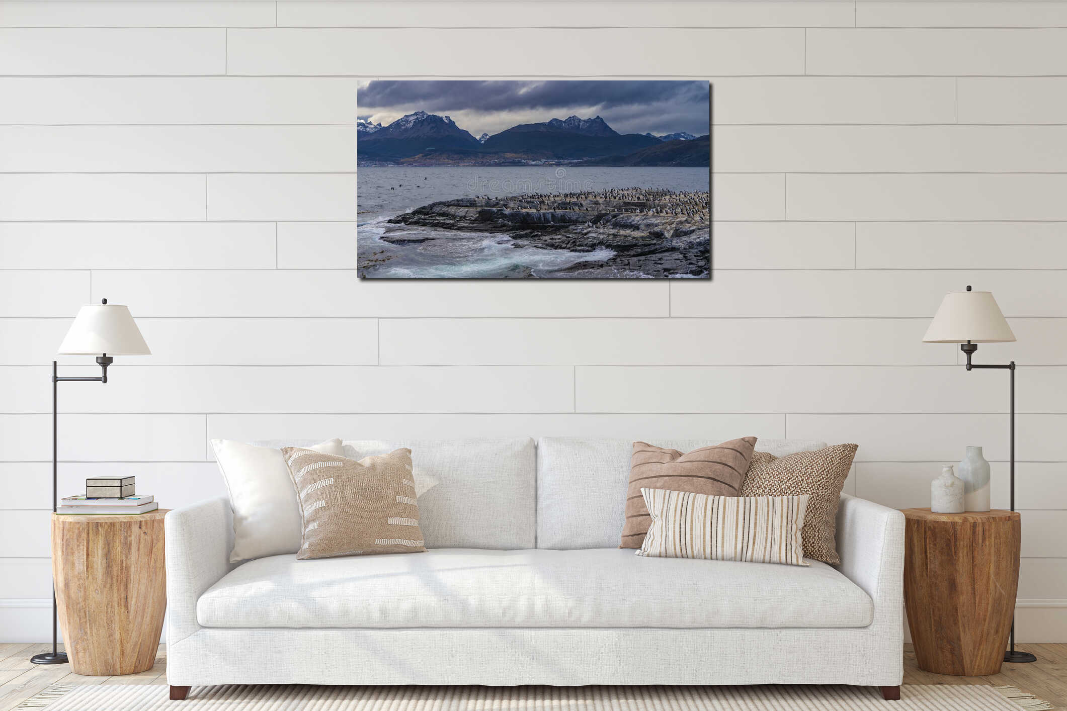 A colony of cormorants settled on a rocky island in the Beagle Channel. interior mockup