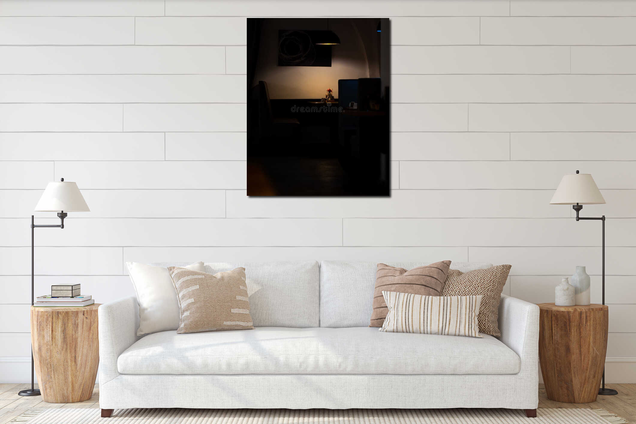 Vertical shot a modern lamp illuminating an interior space at night interior mockup