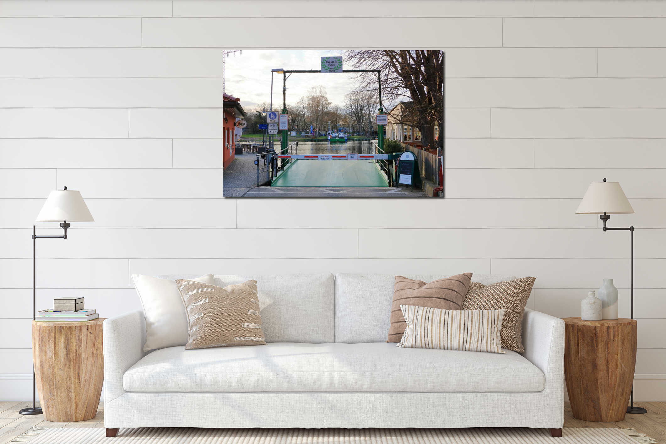 April 5 2023 - Caputh, Brandenburg, Germany: The cable ferry called Tussy 2 for cars and people connects Caputh and Geltow on the interior mockup