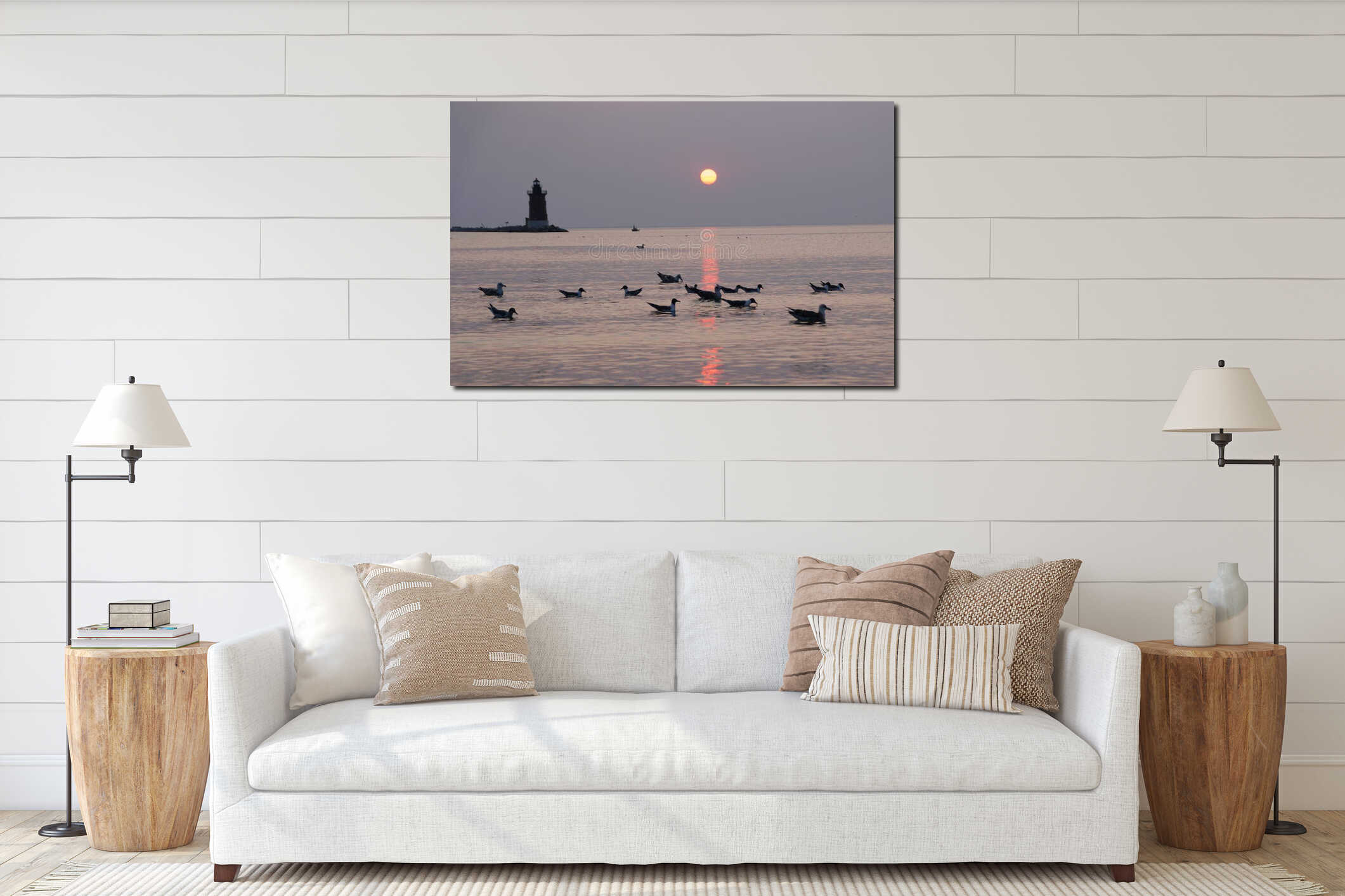 Silhouette of the lighthouse and wild birds during the sunset at Cape Henlopen State Park, Lewes, Delaware, U.S.A interior mockup