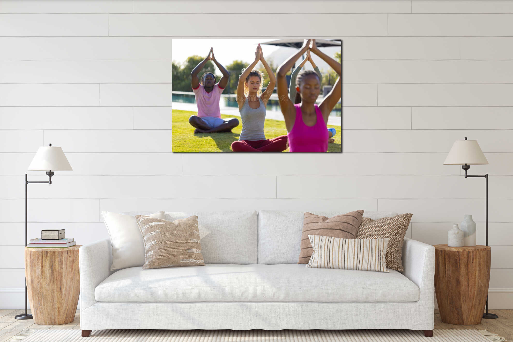 Group of diverse friends doing yoga and meditating in garden interior mockup