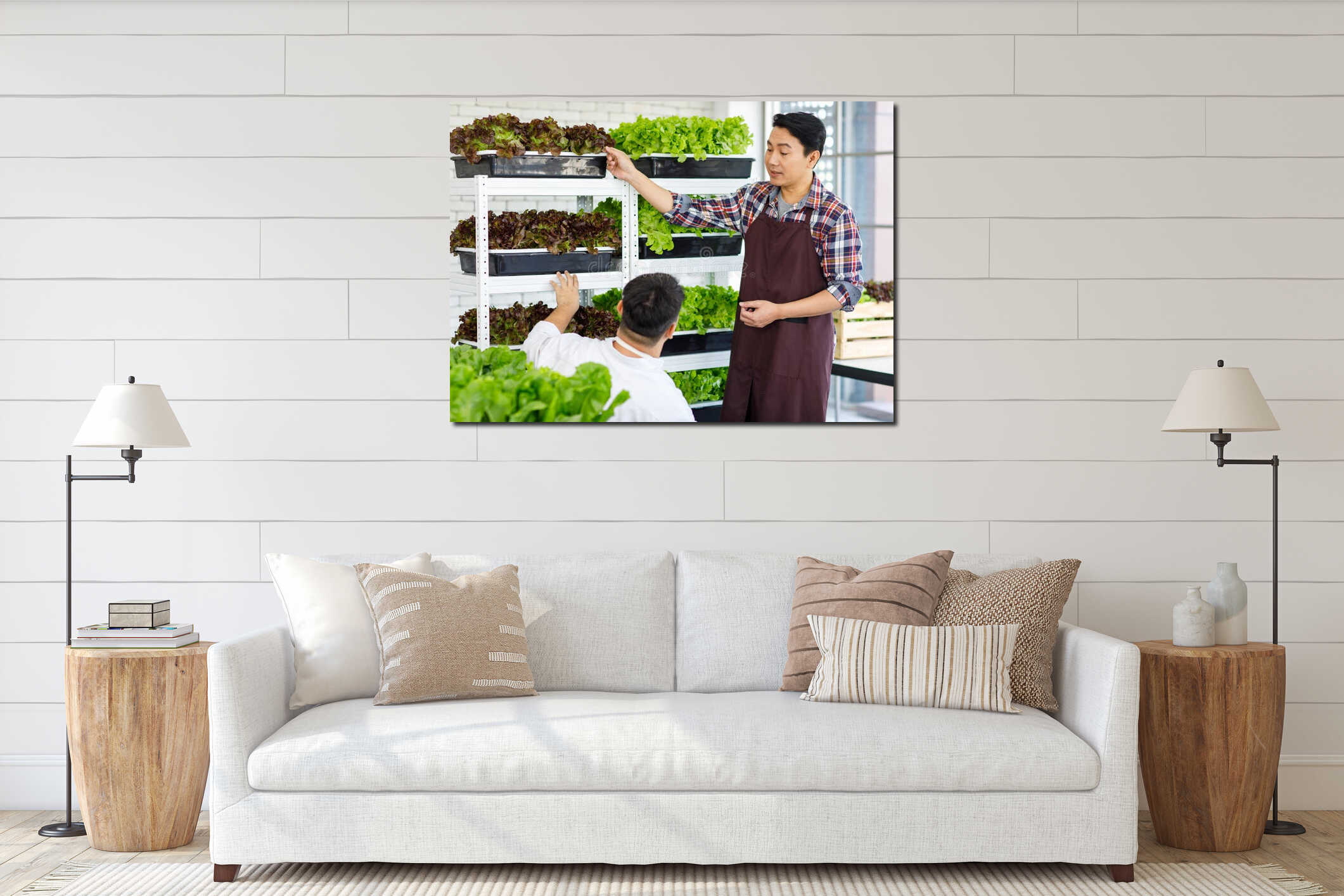 Asian professional successful male farmer gardener businessman in apron standing showing fresh raw organic green leaf salad interior mockup