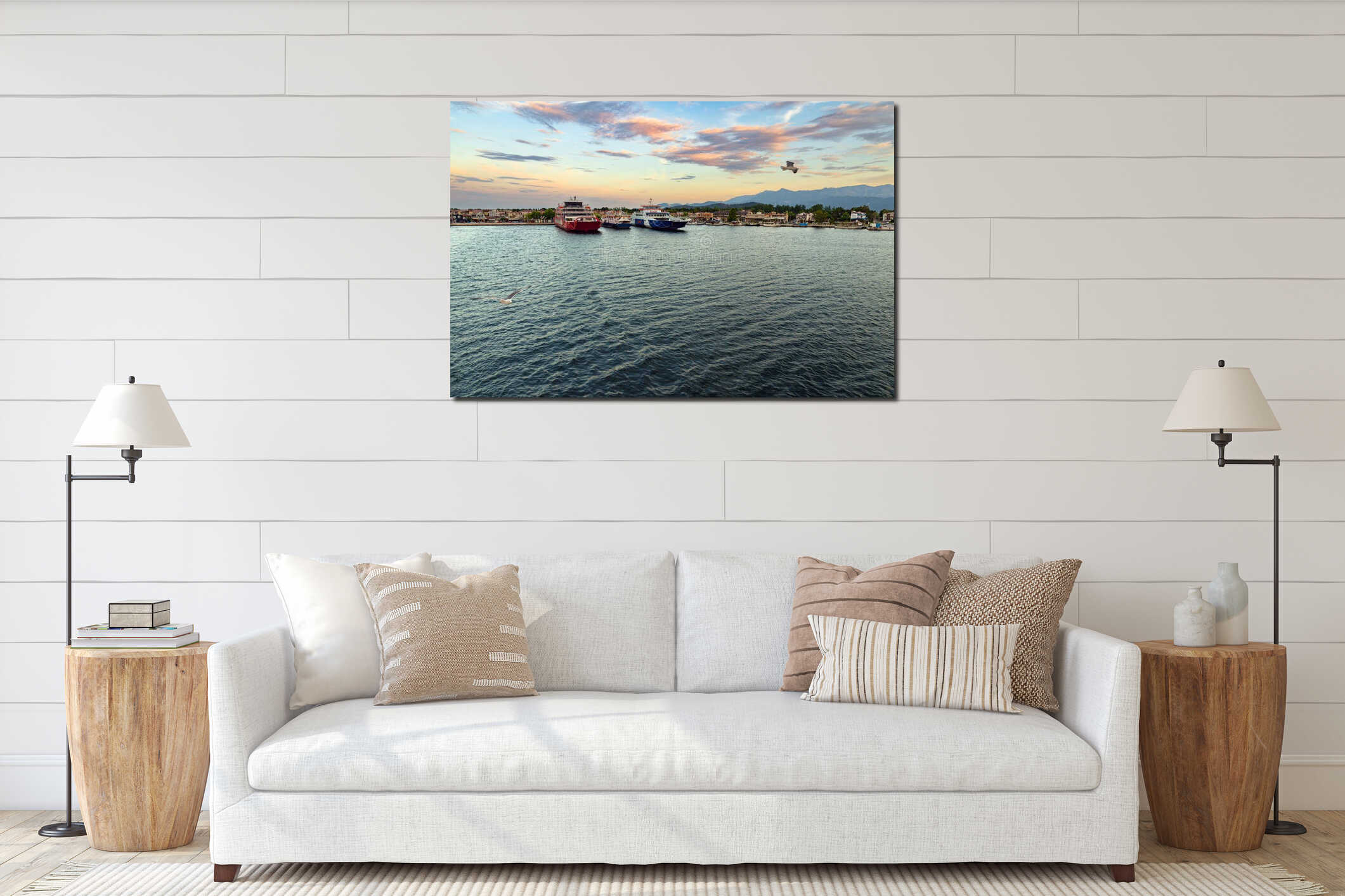 Sunset view of Kavala port with passenger ferries, the Aegean sea, travelling on vacation Greece interior mockup