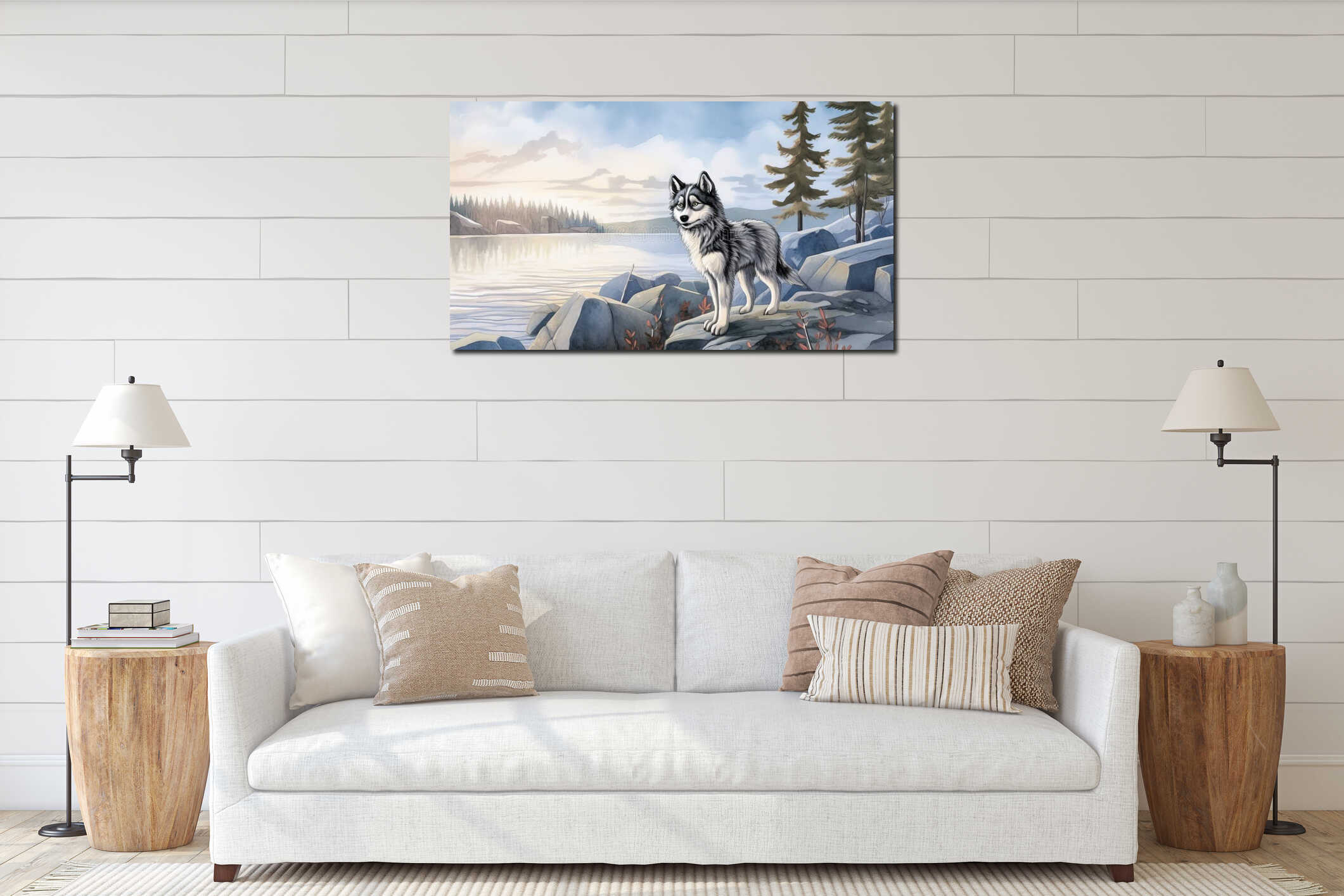 Comic Art Style Painting Of A Husky On Rocks By The Water interior mockup