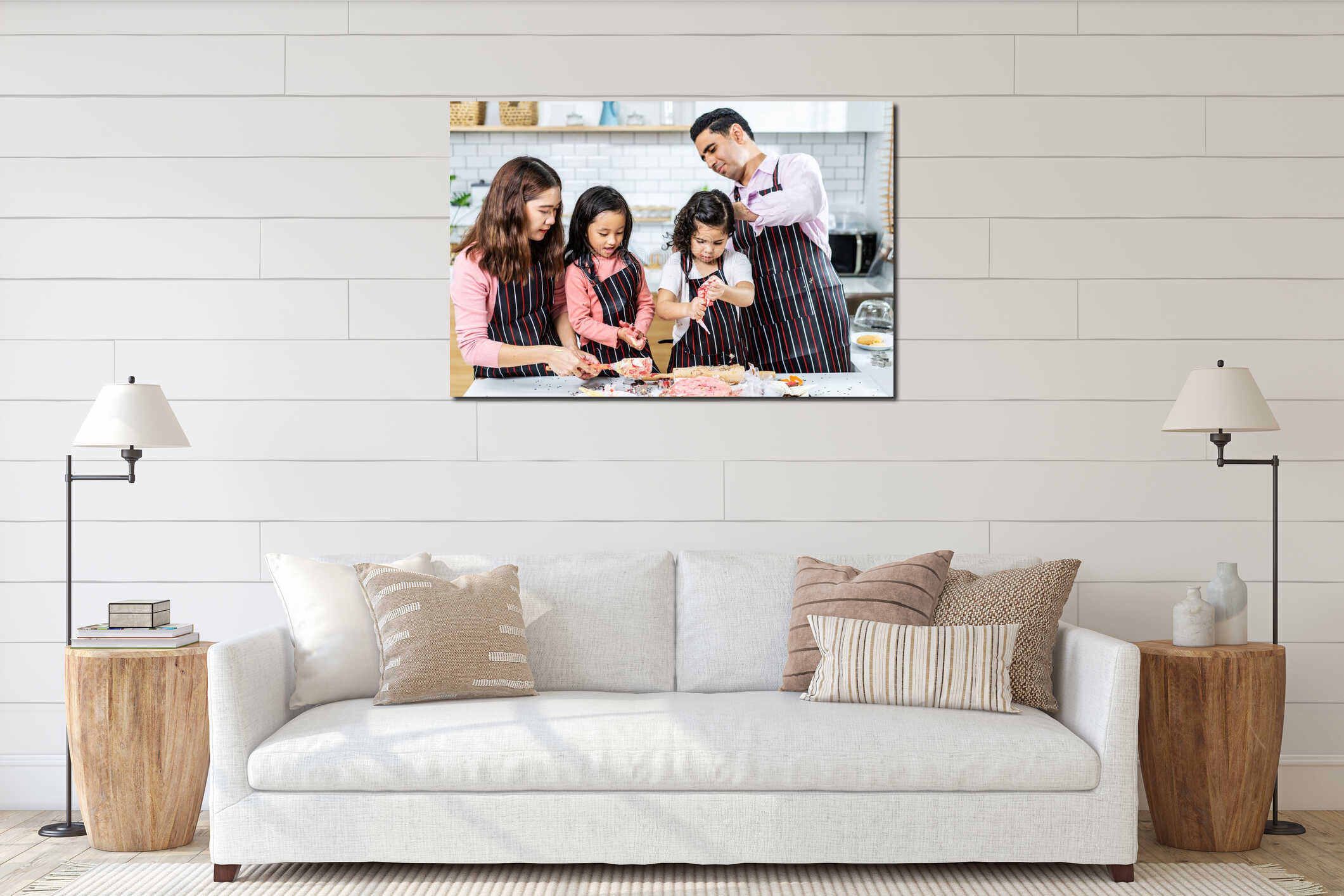 Group of four Diverse Family, Asian and Arab Preschool kid person make Cake cooking in kitchen, Father Mother teaching small cute interior mockup