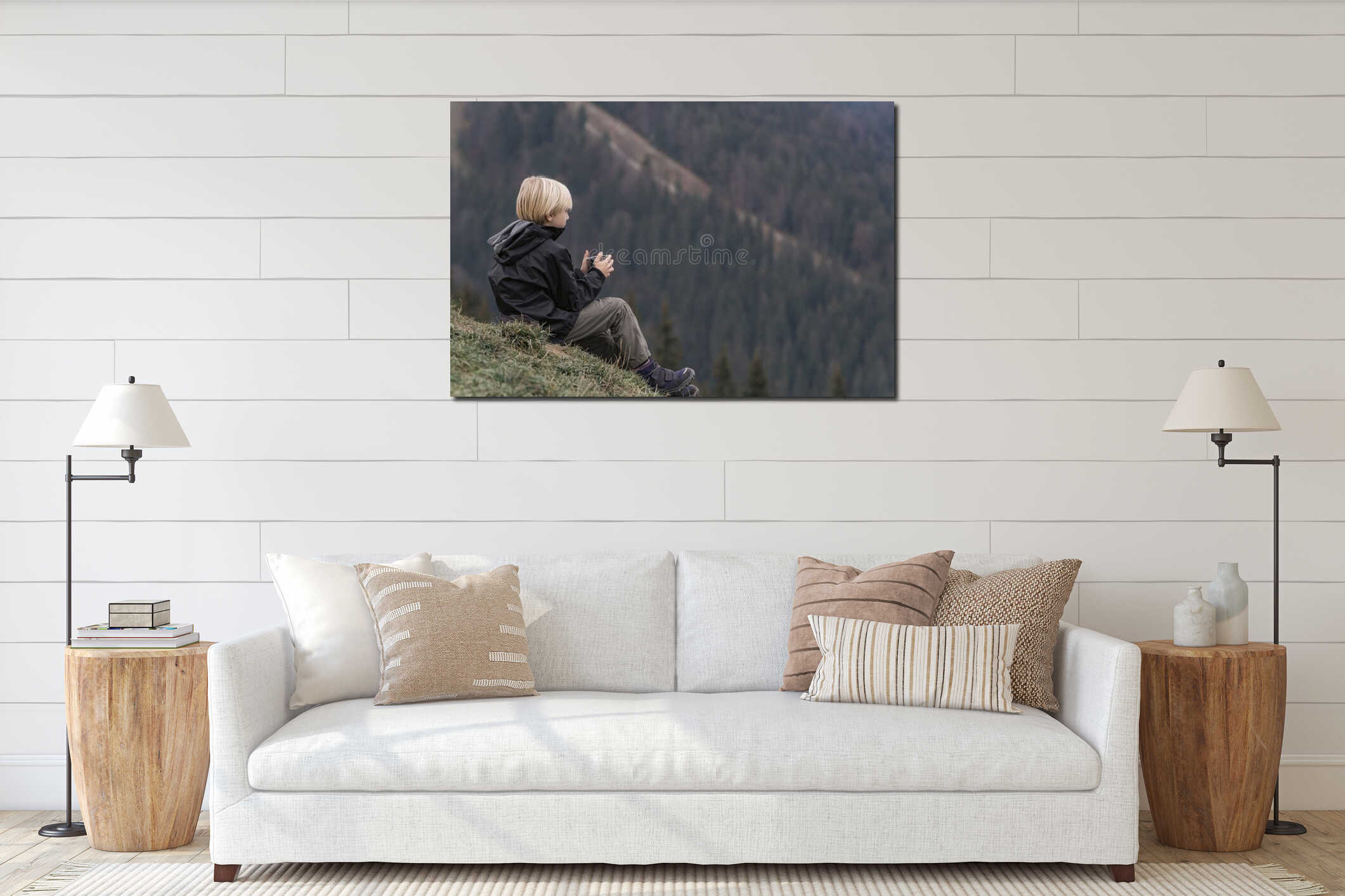 Portrait of boy in mountains resting on hillside with cup of tea. Hiking with child, tourist. Active recreation interior mockup