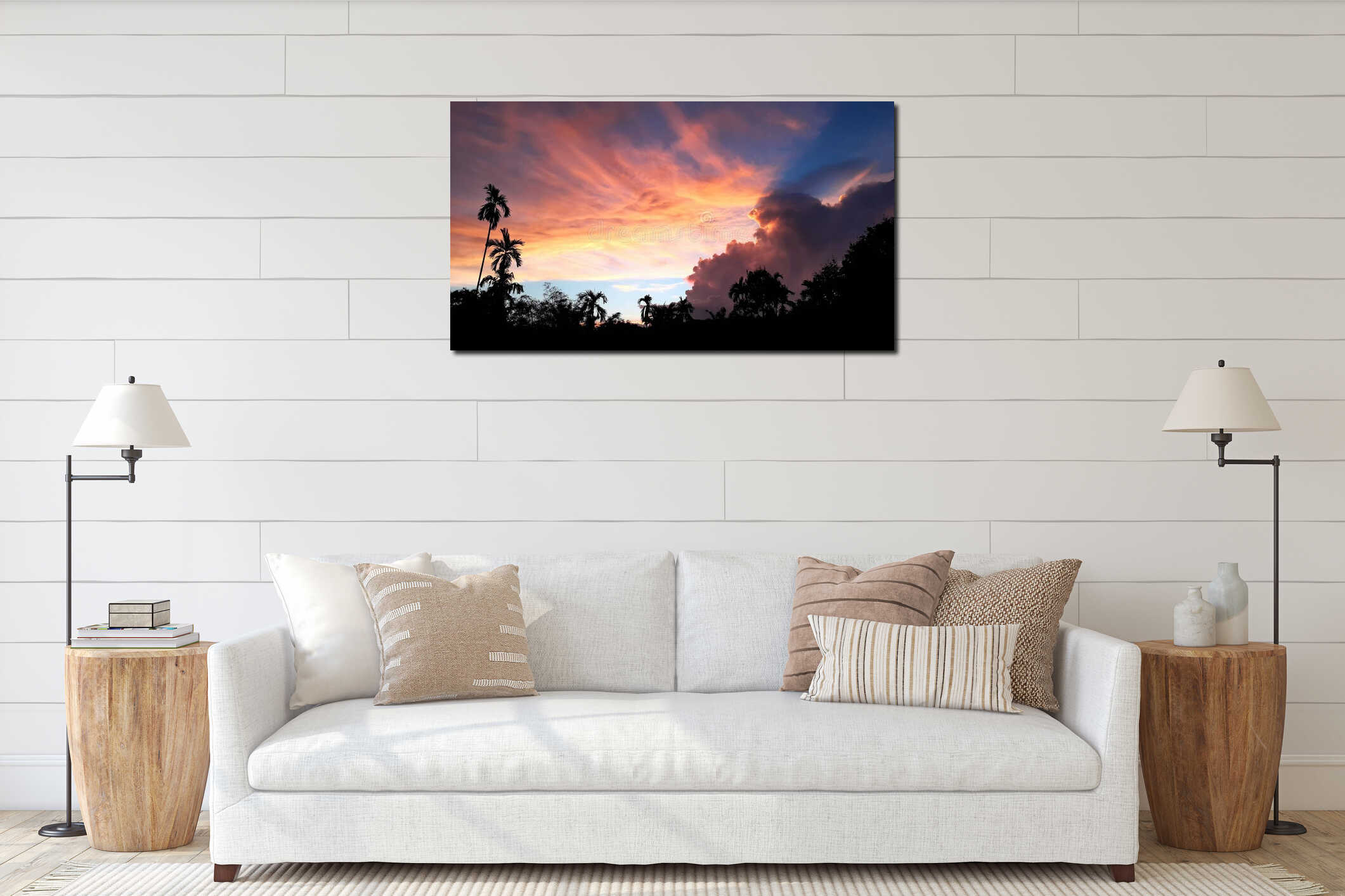 Create beauty of landscape saw mountains, betel palm coconut trees, with blue sky mix golden orange. interior mockup