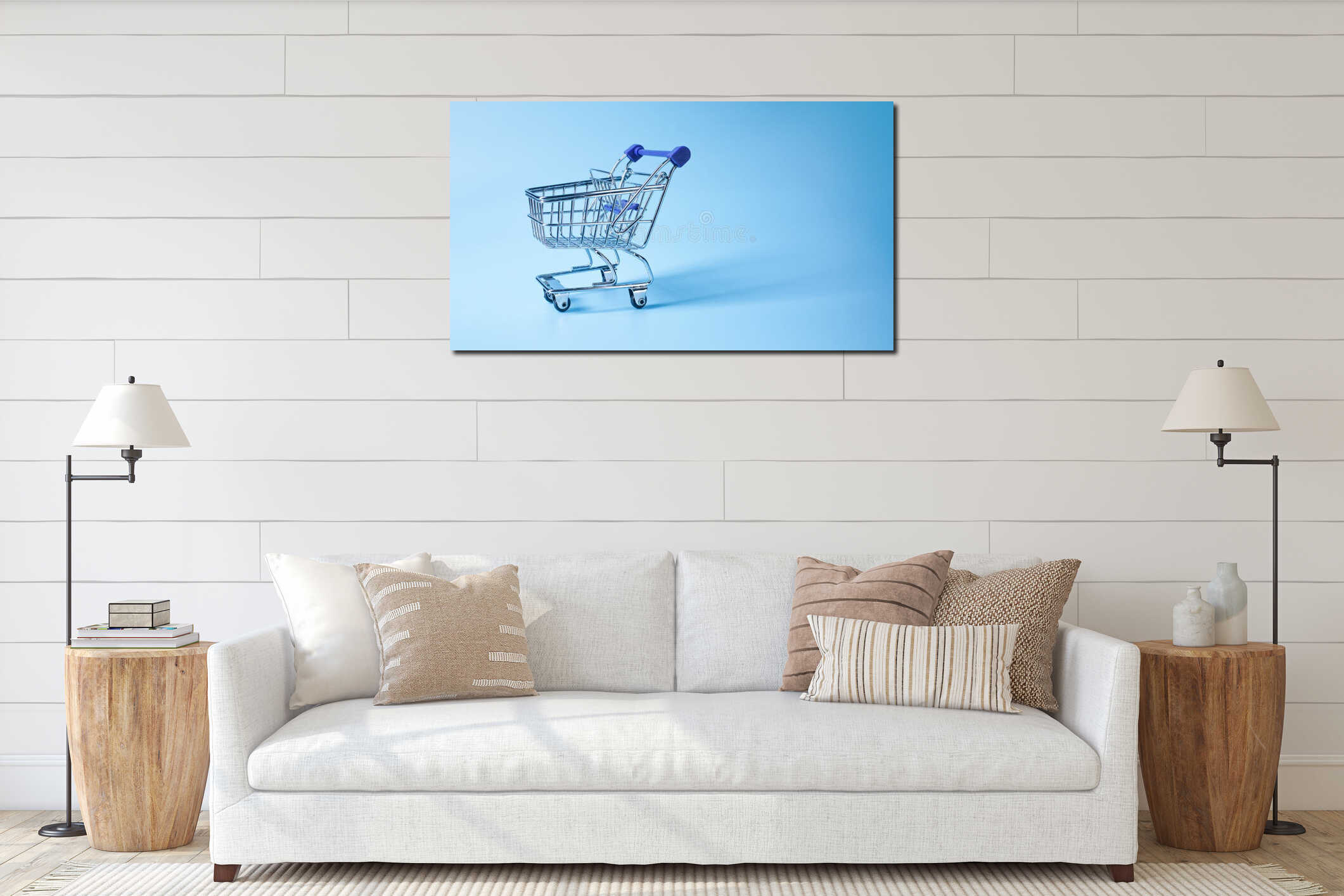 Empty shopping basket or grocery cart on blue with shadow interior mockup