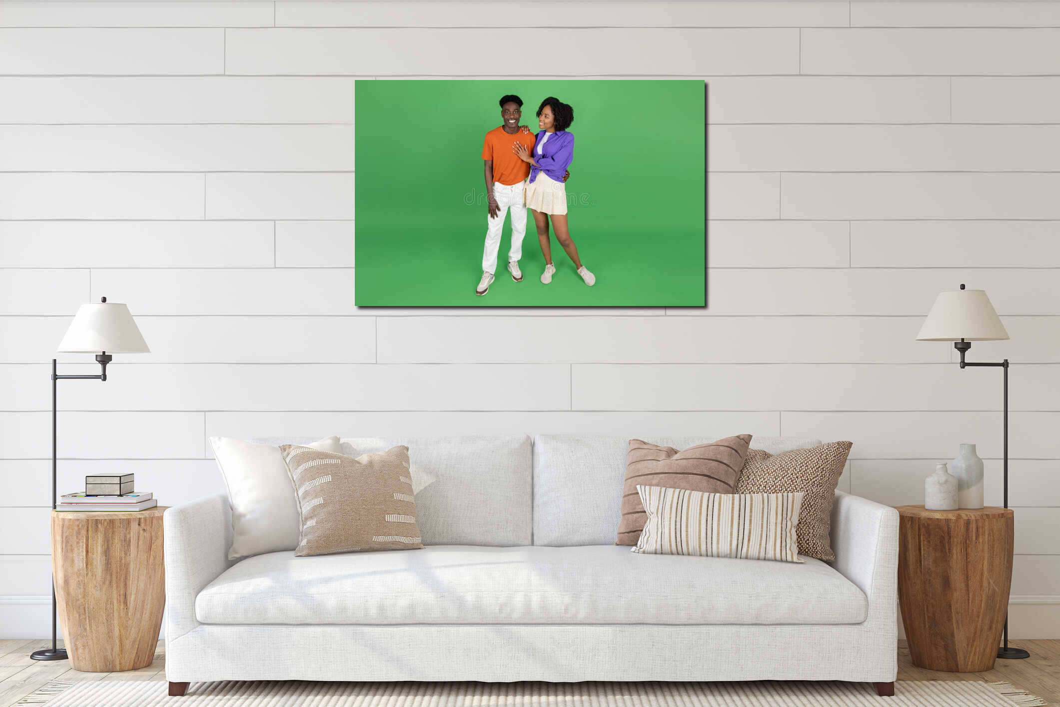 Cheerful young african american man and lady hugs, enjoy date interior mockup