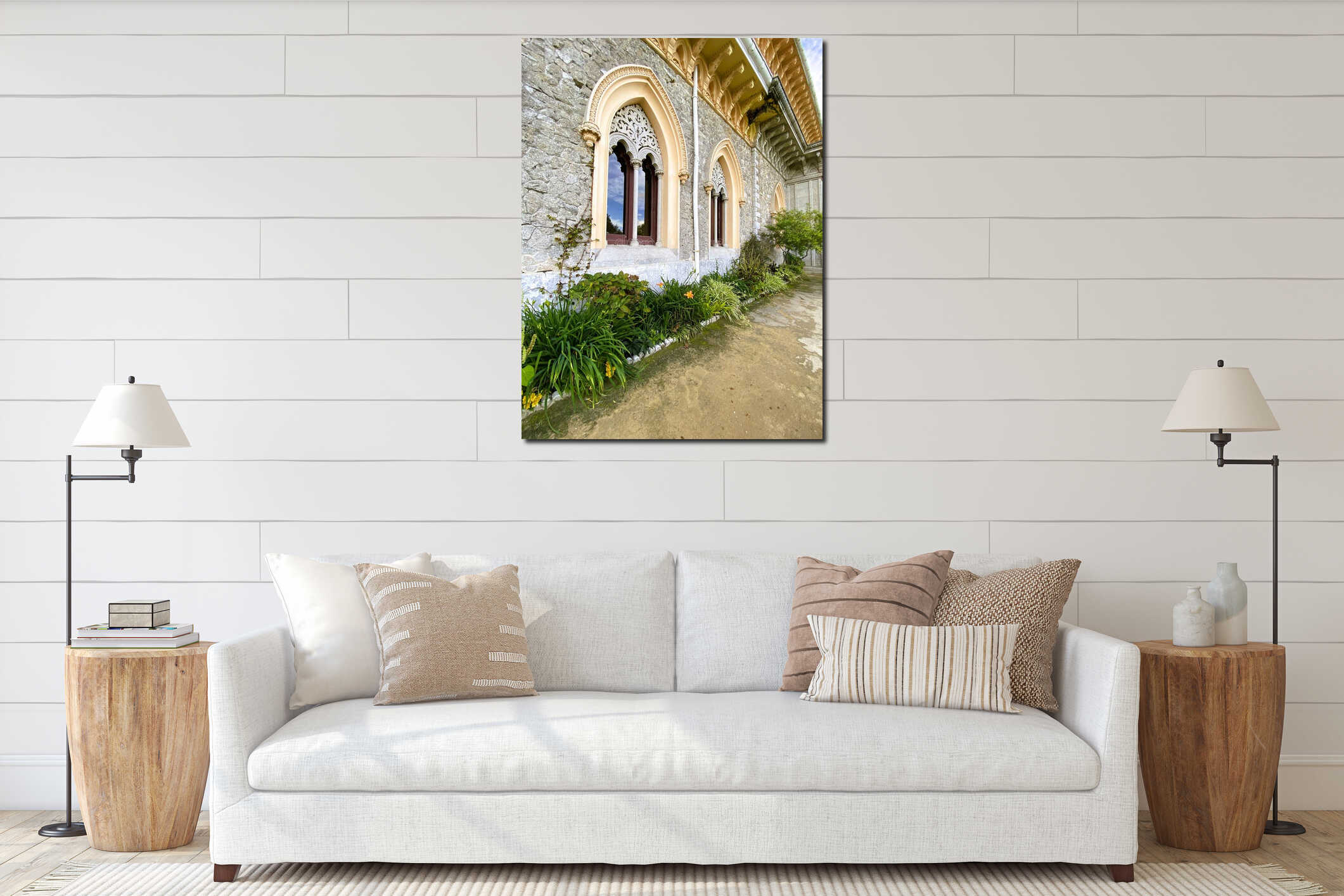 Exterior architectural details of a mansion lined with flowers and plants interior mockup