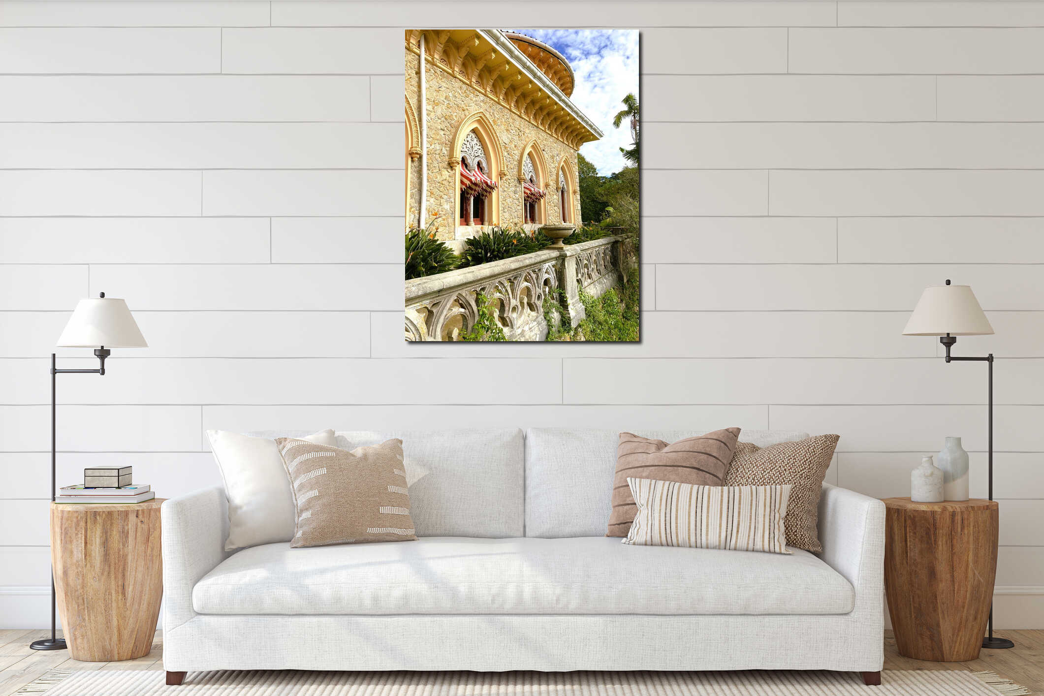 Exterior architectural details of a mansion lined with flowers and plants interior mockup