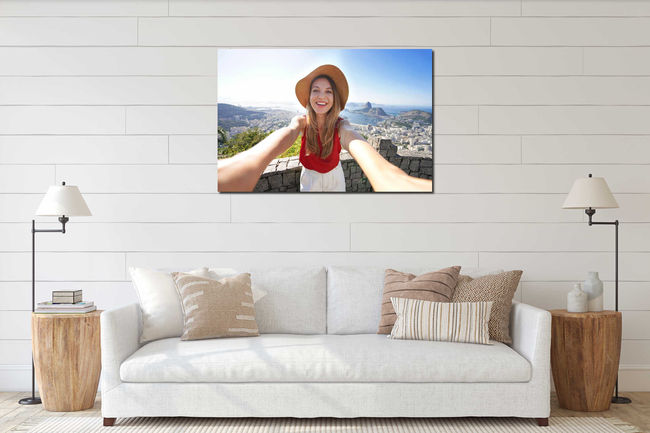 Self portrait of traveler girl with famous Guanabara Bay with Sugarloaf Mountain in Rio de Janeiro, UNESCO World Heritage, Brazil interior mockup