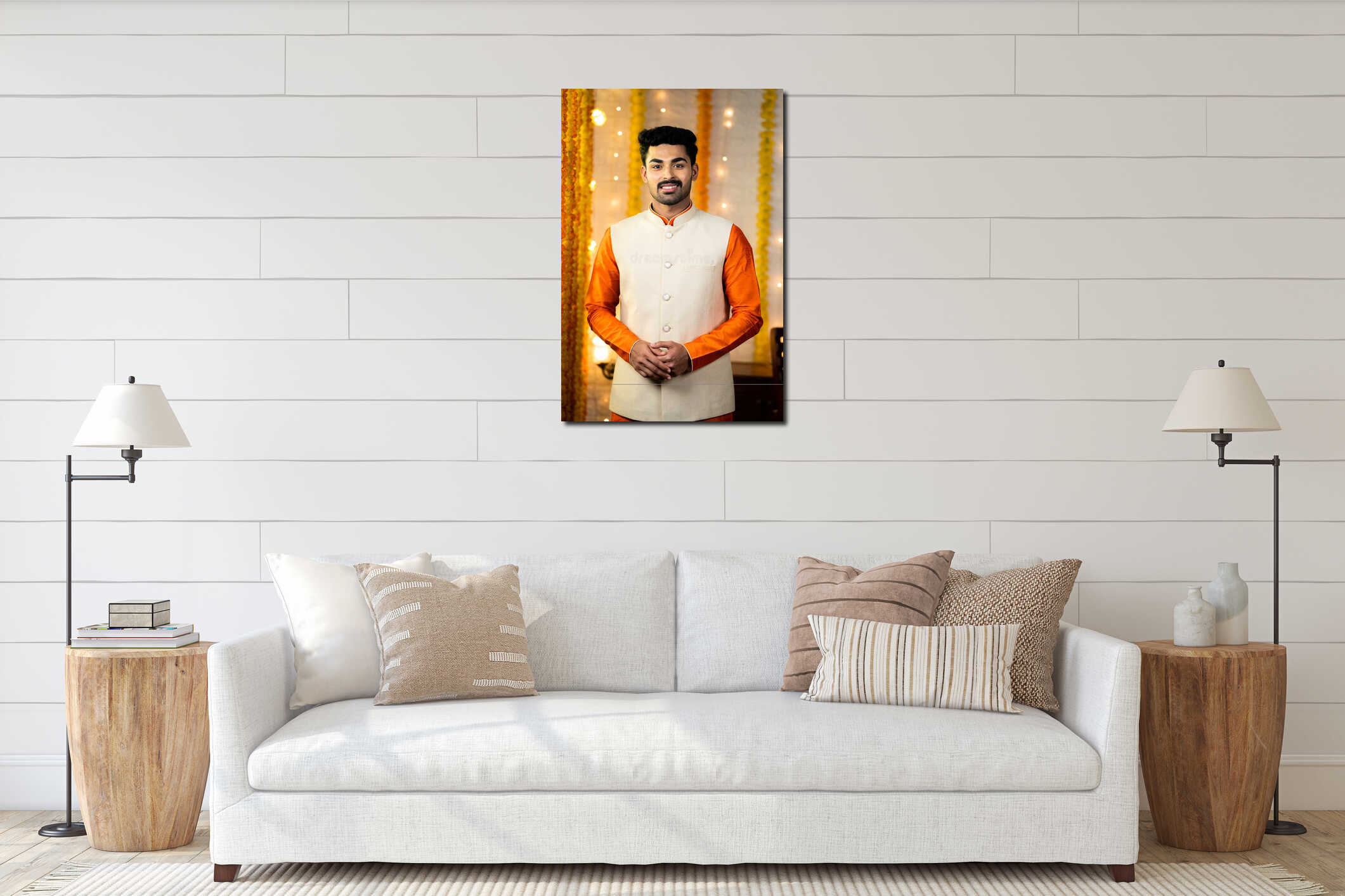 Vertical shot of happy indian young man standing with in traditional ethnic wear by looking at camera at home concept of interior mockup