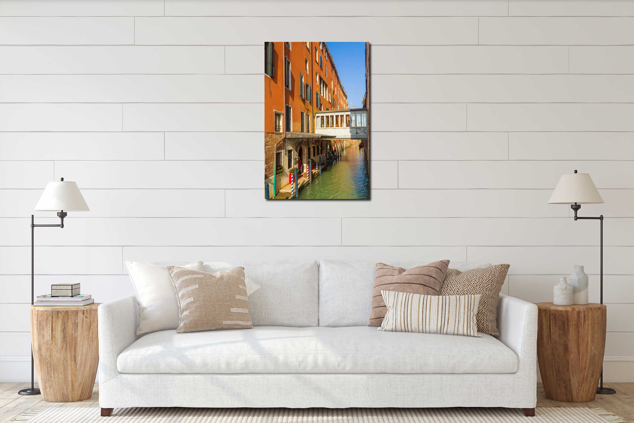 View of Venice canal Rio Del Vin with enclosed bridge Italy interior mockup