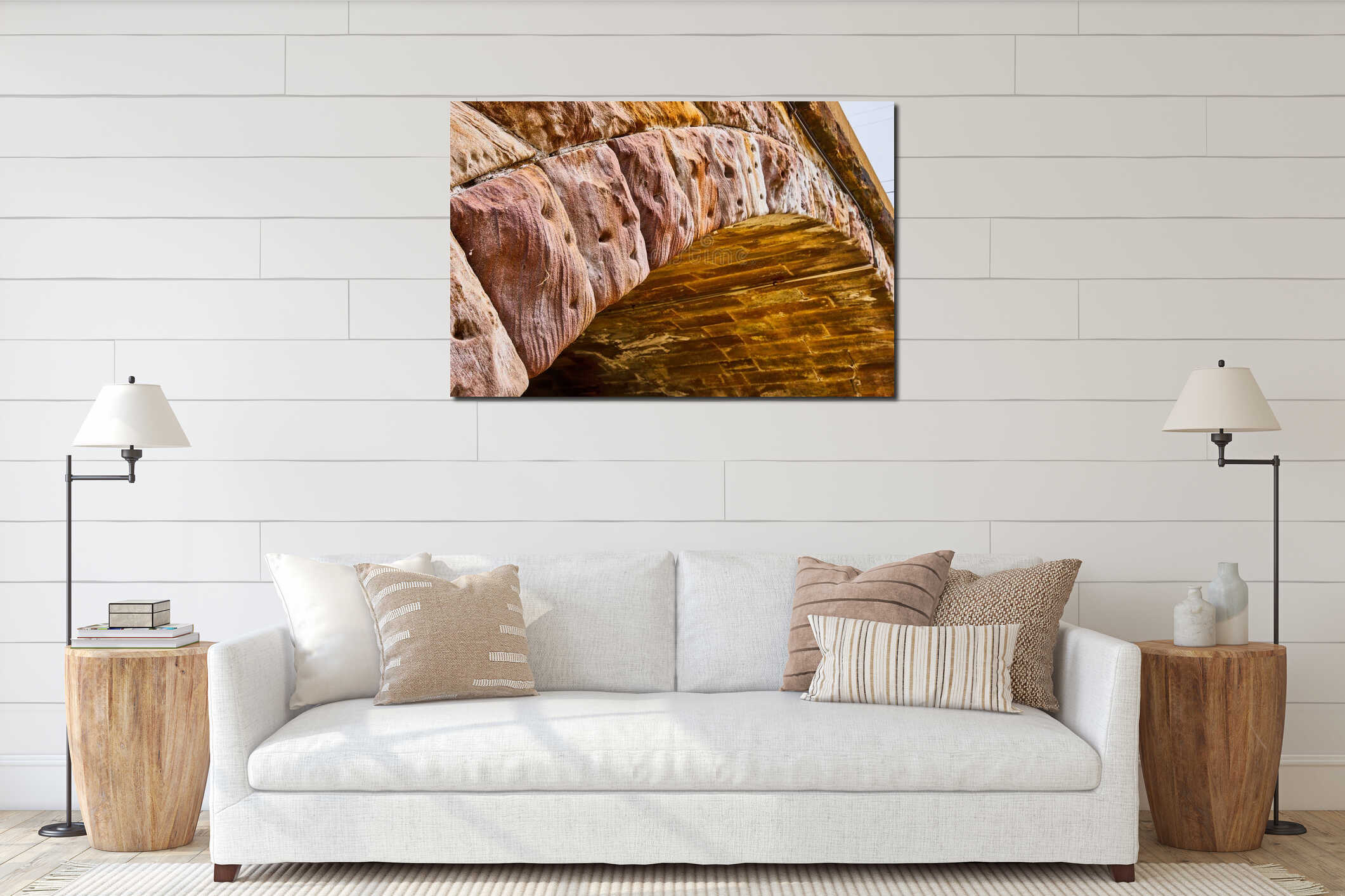 Gorgeous textured stone arch with gold hue on underside of bridge abstract background asset interior mockup