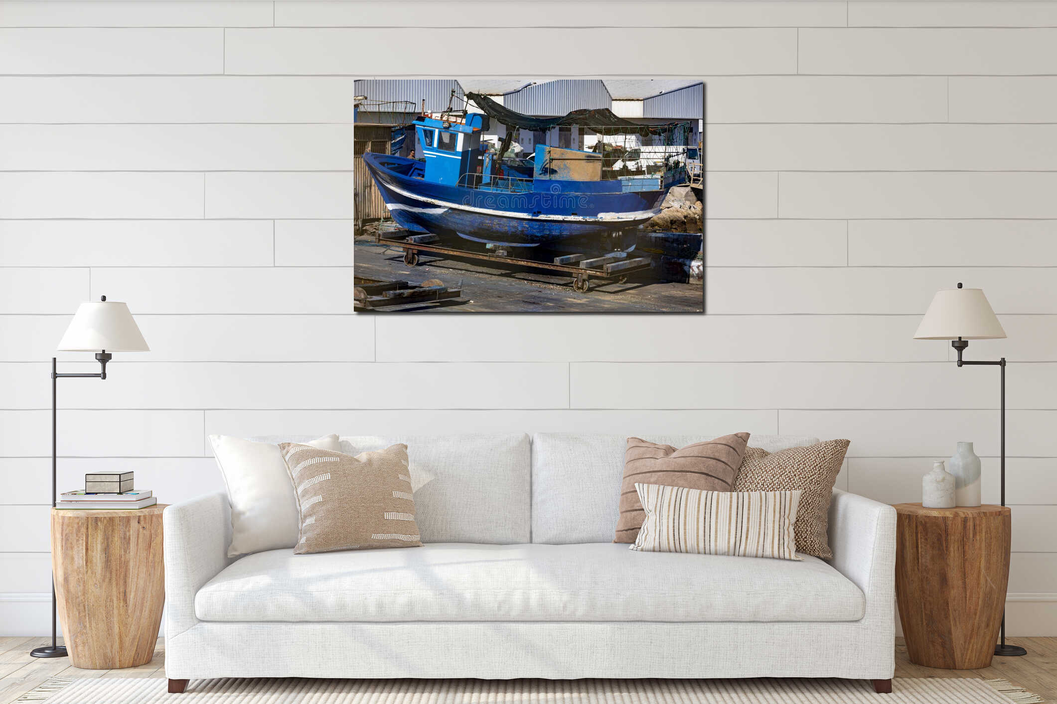 Blue fishing boat in the docks interior mockup