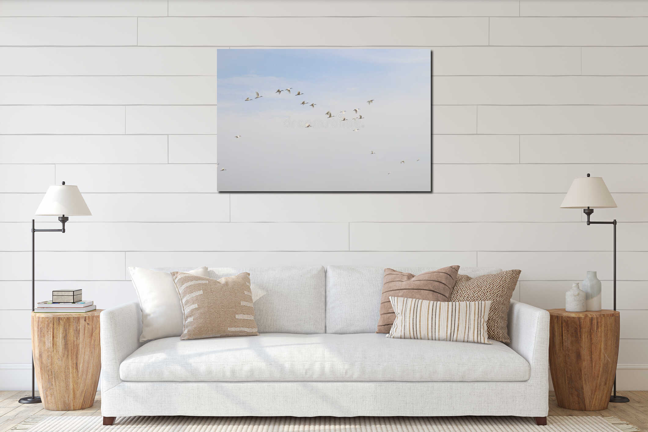 Seagull flying on sky for fishing interior mockup