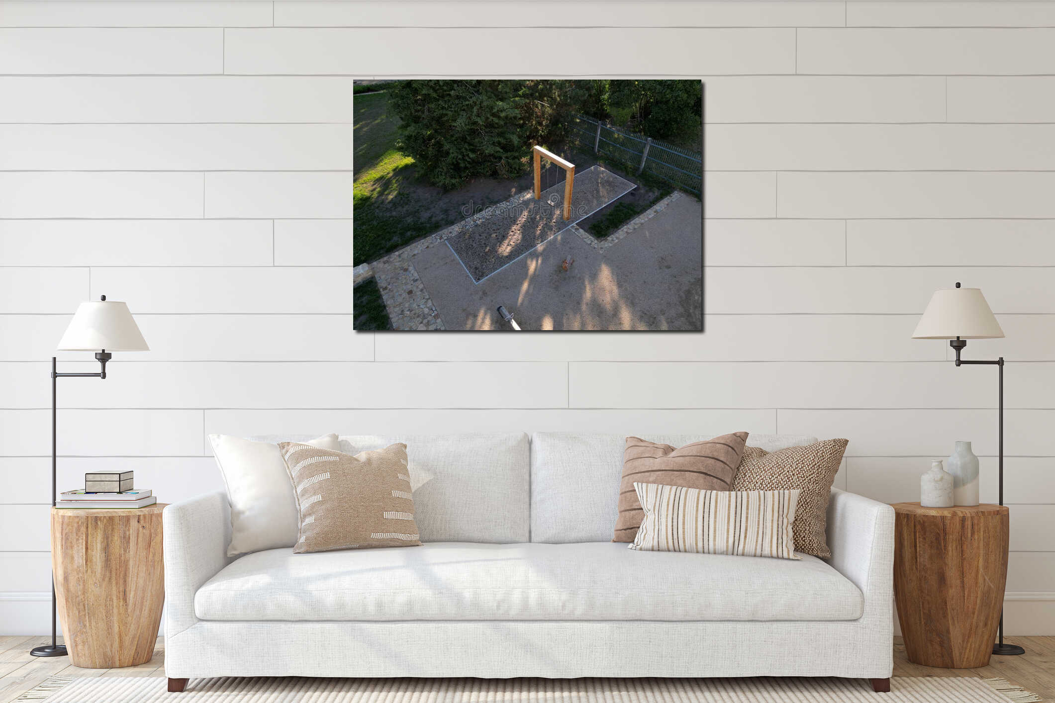 Massive wood beams in the shape of a square gate or frame, between interior mockup