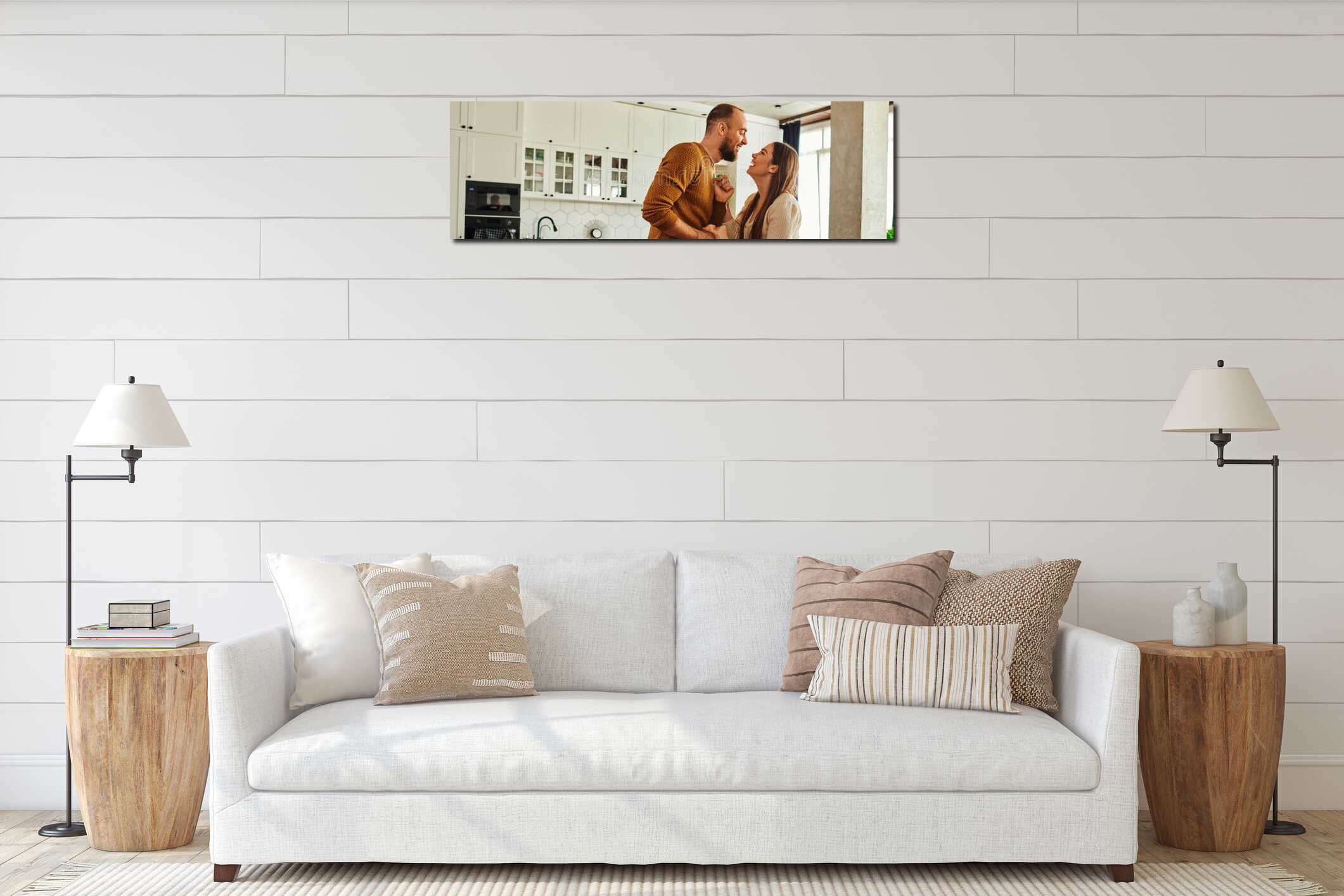 Side view of positive couple holding interior mockup