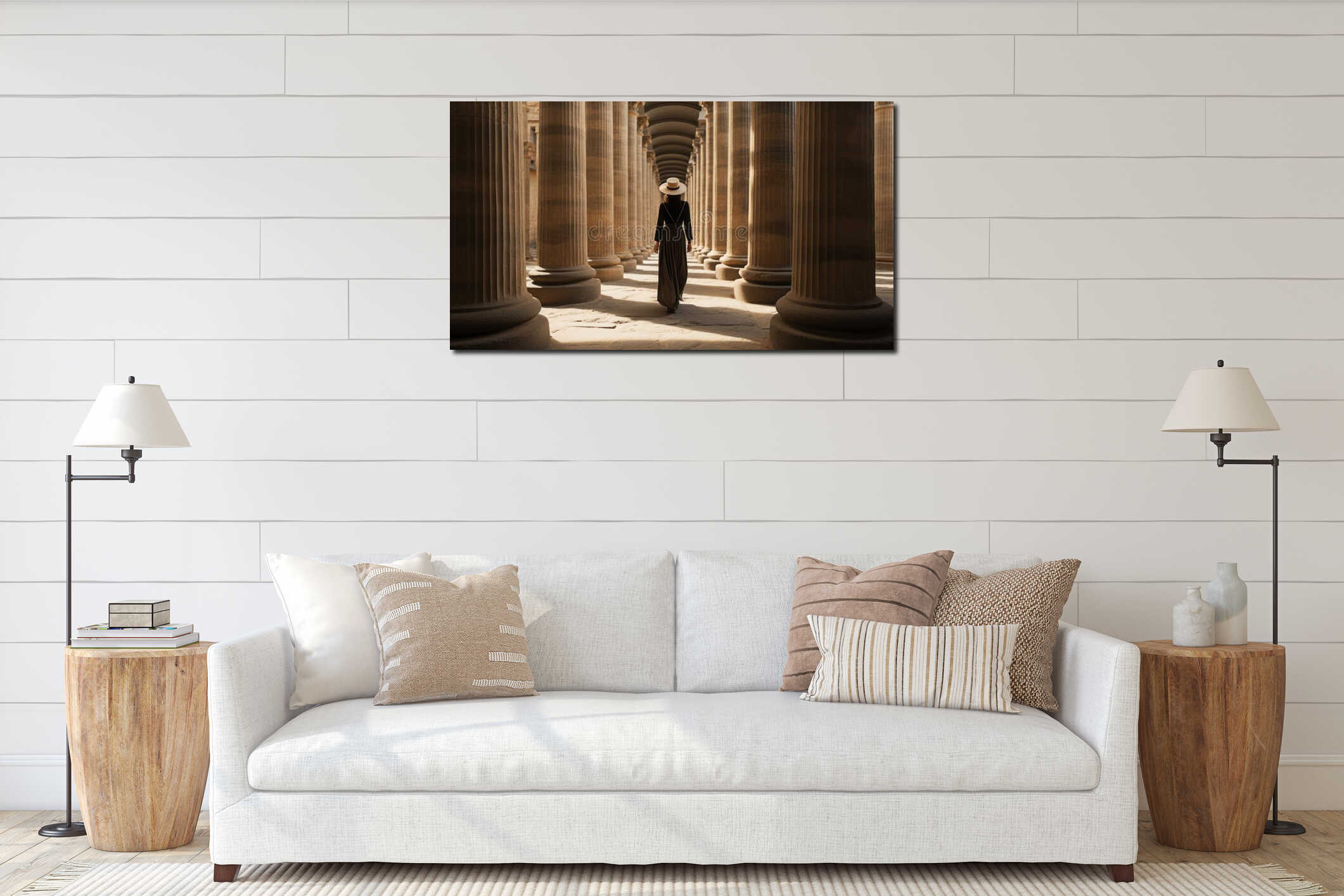 Classical-inspired Woman With Hat Walking Through Pillared Hallway interior mockup