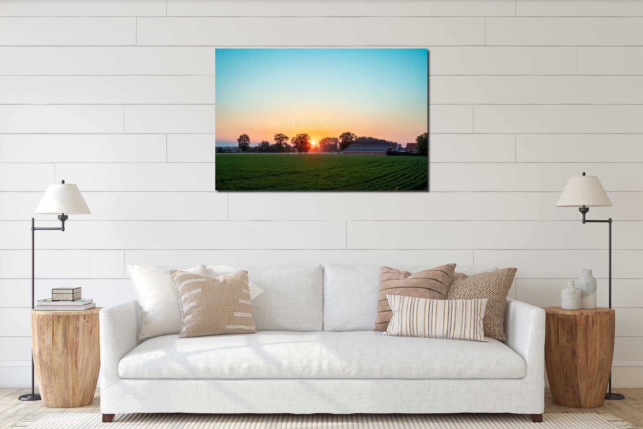 Sunrise Serenity: Rural Countryside with Golden Sun Peeking Through Trees interior mockup