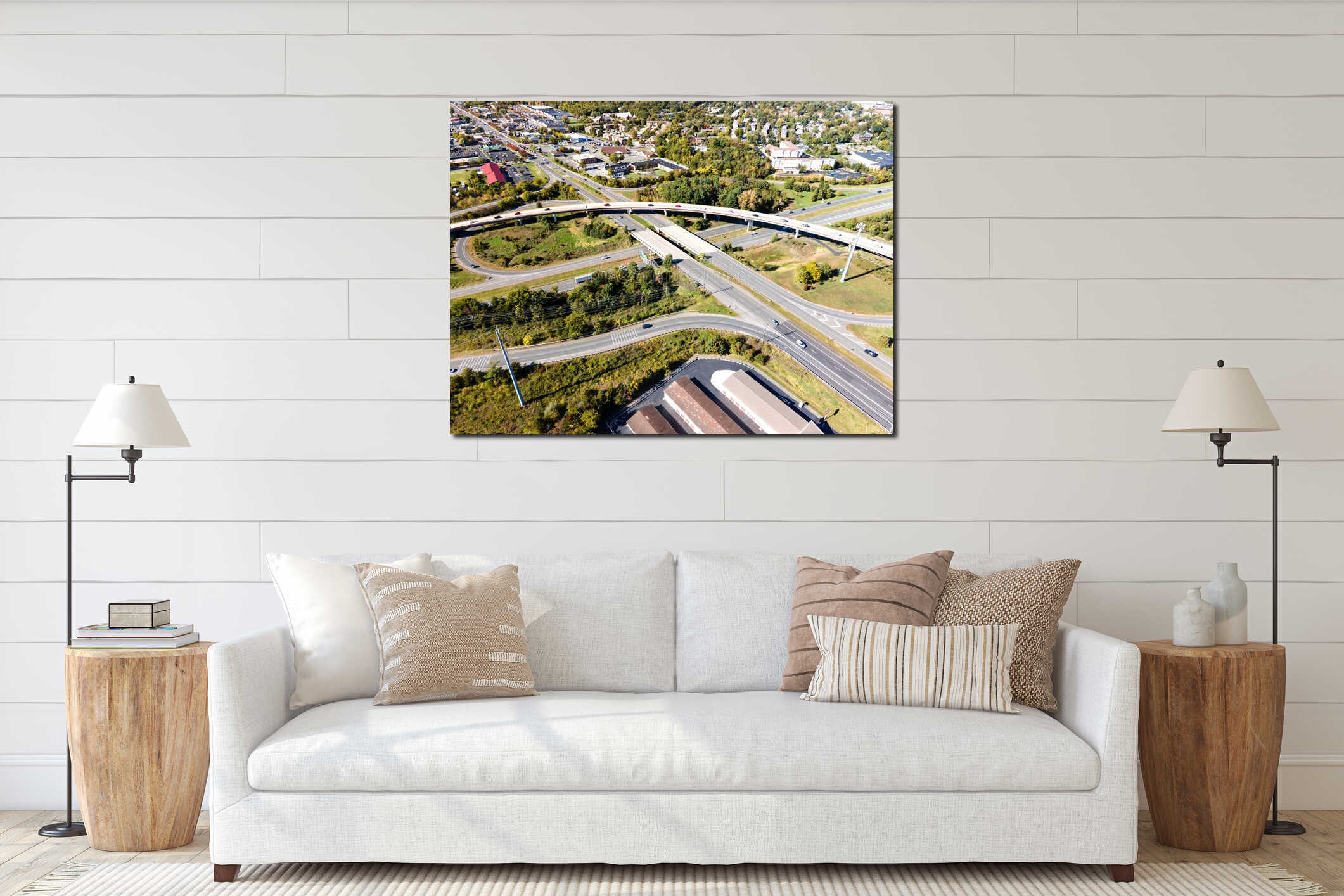 large multi-level road junction in the city of Leesburg, Virginia. View from a drone on a sunny day interior mockup