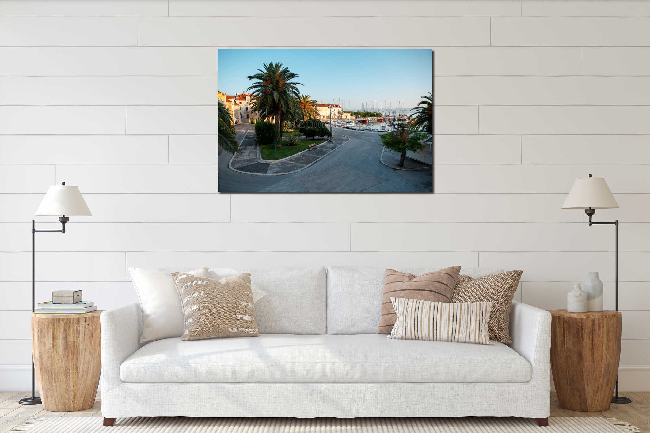 Deserted pedestrian street near pier with many moored ships interior mockup