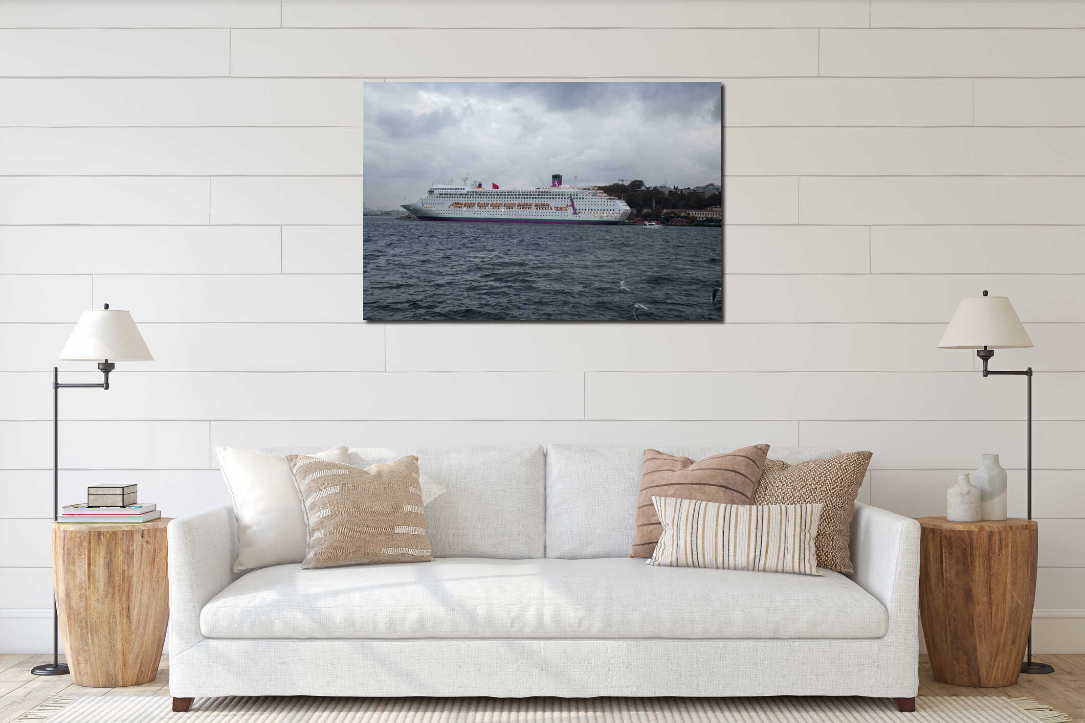 A large luxury cruise ship docked at the port of Istanbul interior mockup