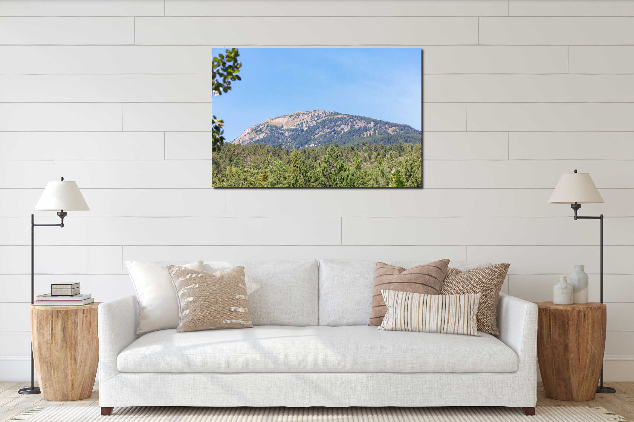 A scenics view of a majestic mountain summit (Mont Guillaume) with pine trees forest under a majestic blue sky interior mockup