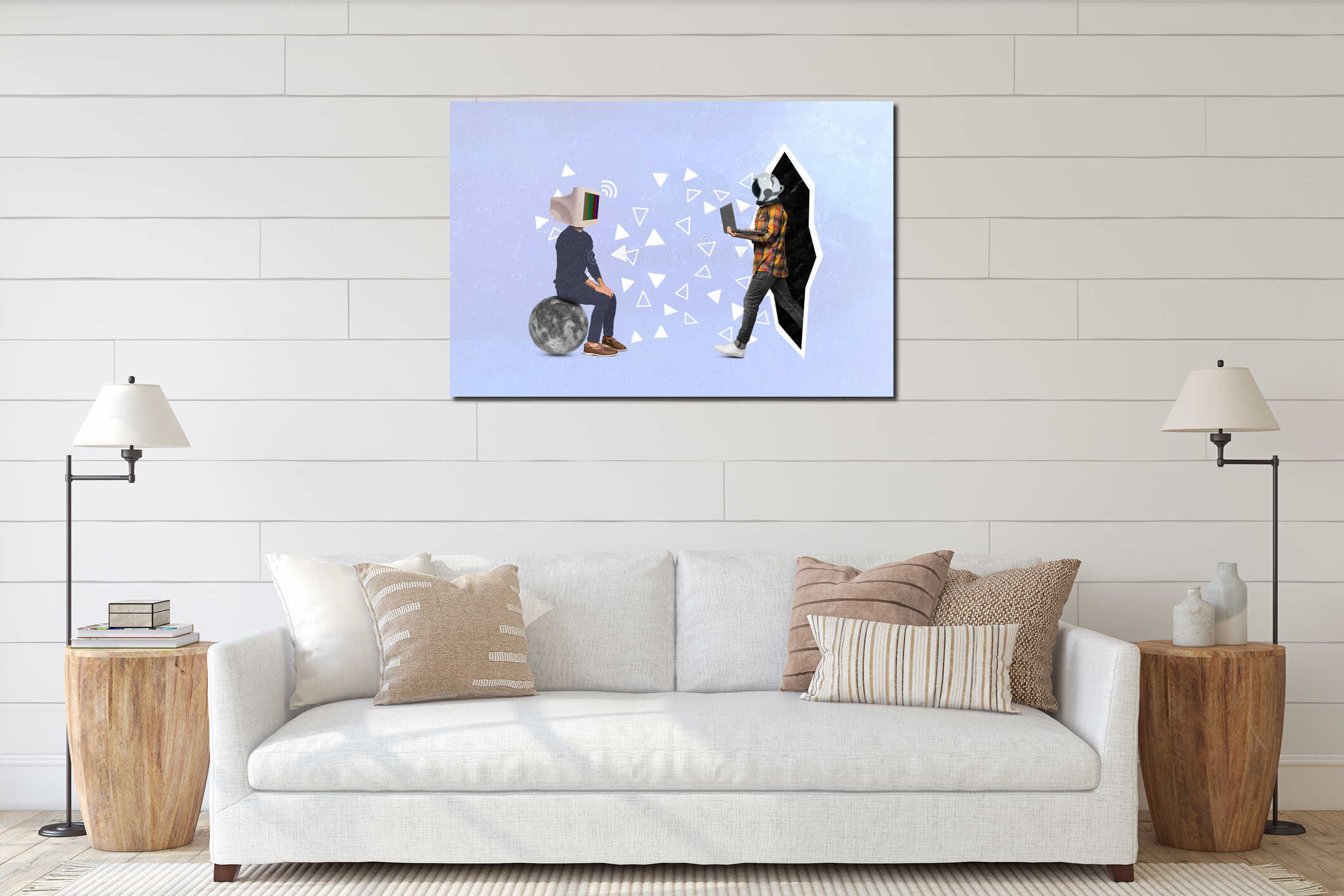 Creative composite collage two headless personages use laptop cosmonaut helmet new opportunities explore galaxy  interior mockup