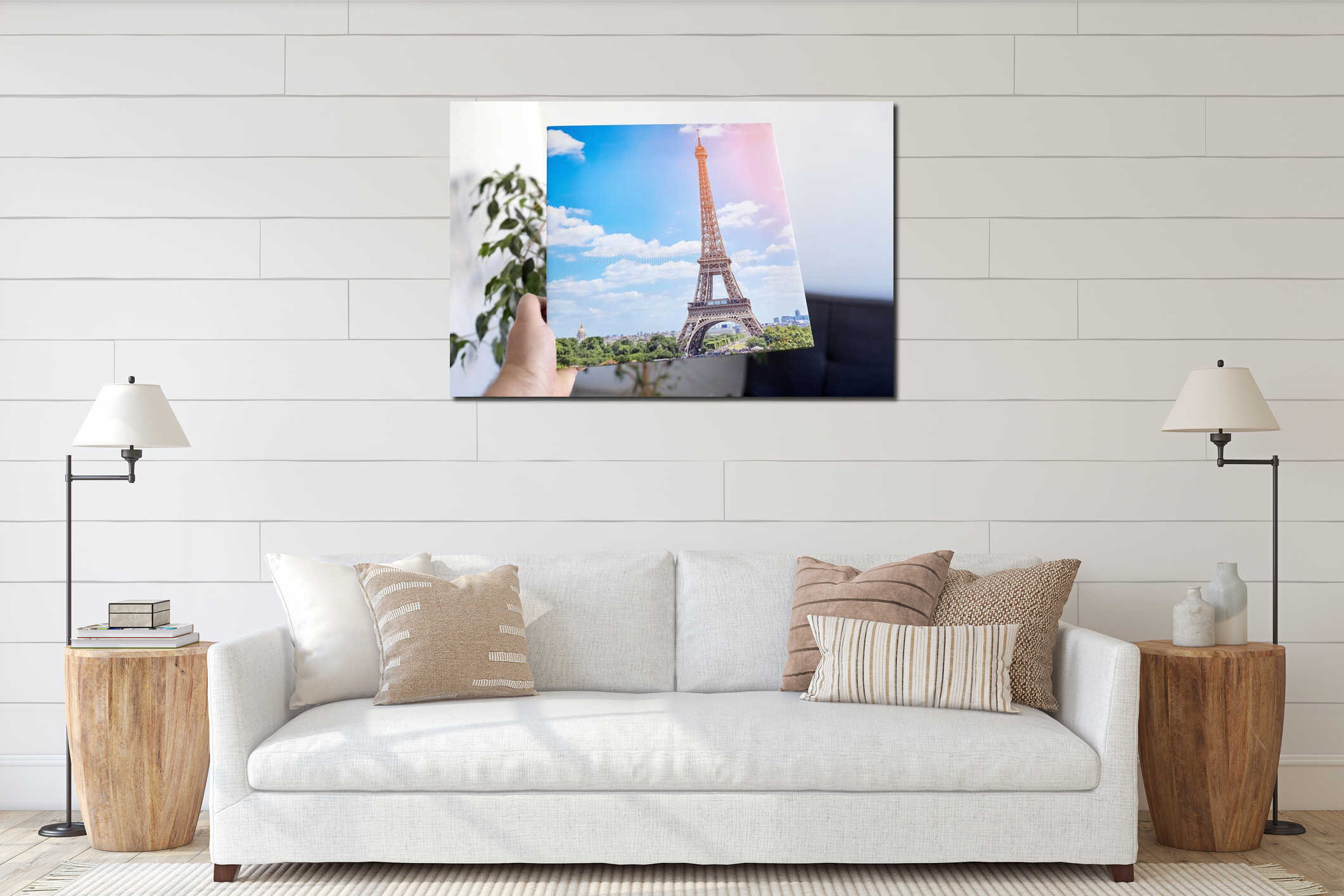Photo canvas print stretched on frame with gallery wrap in hand interior mockup