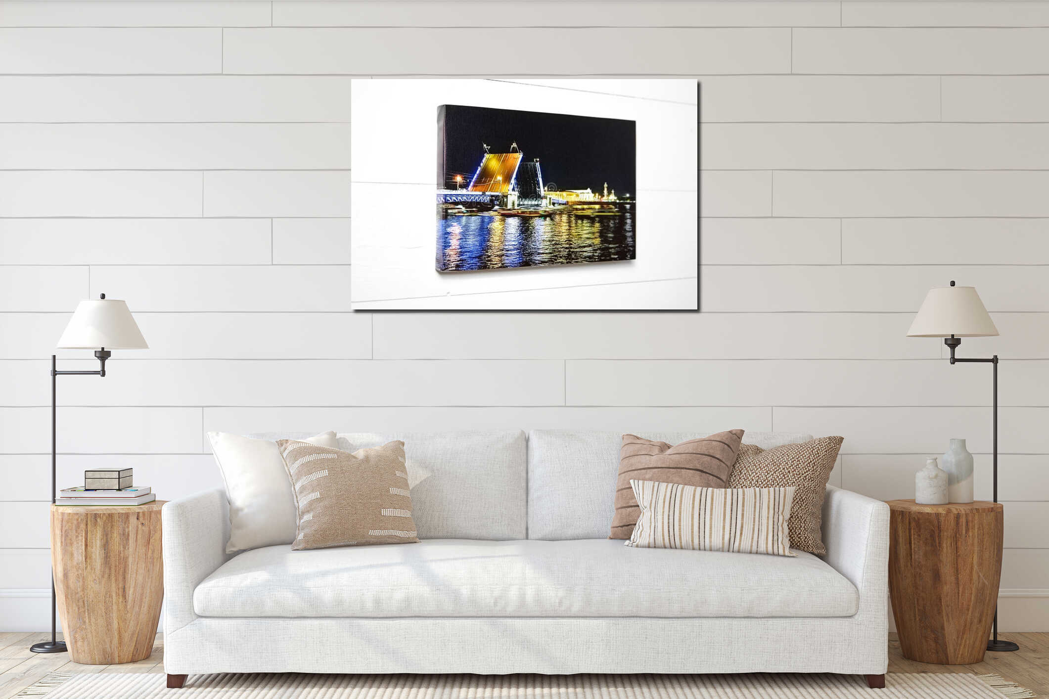 Canvas print. Photo stretched on frame with gallery wrap method interior mockup