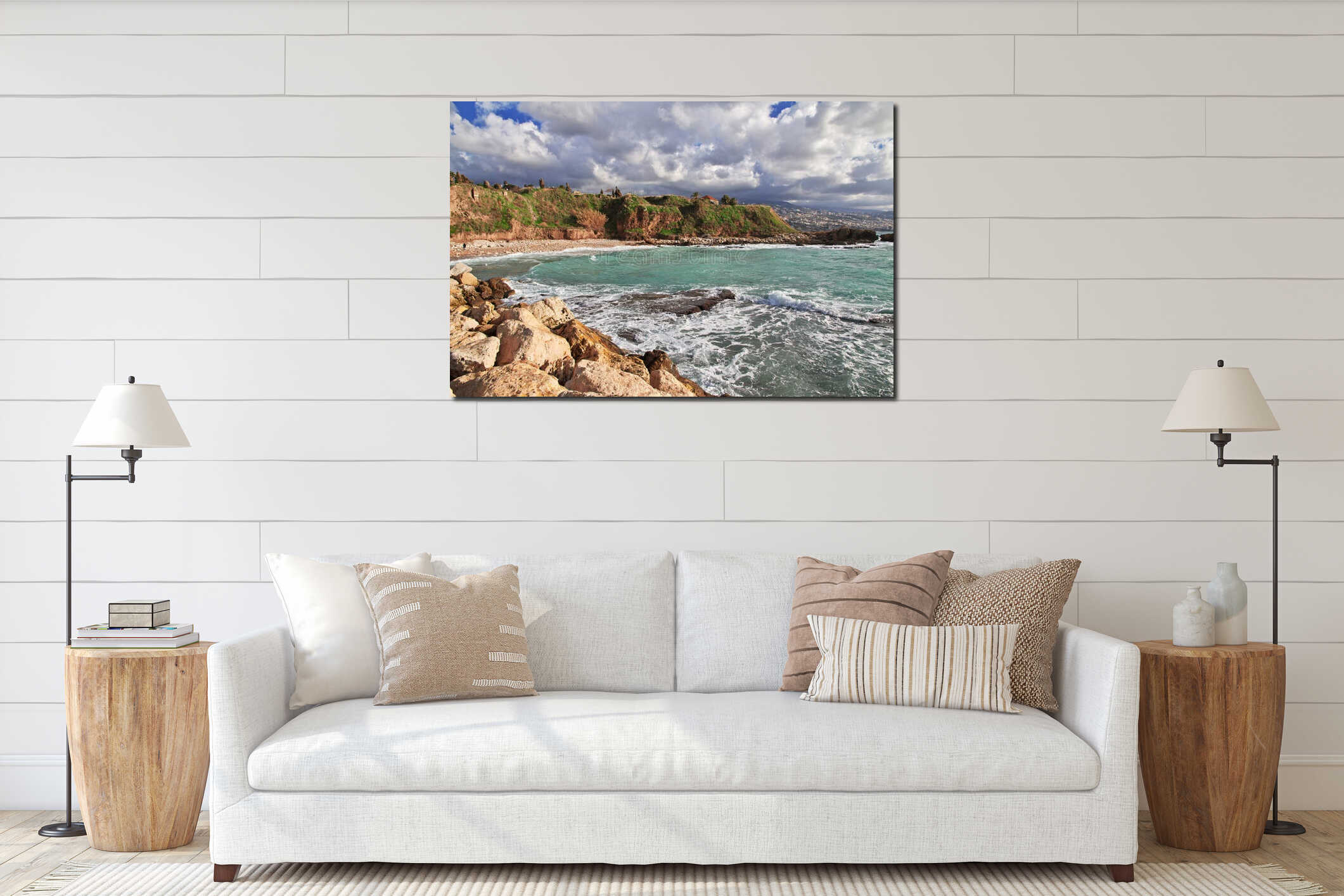 The sea in Byblos close ancient roman ruins in Lebanon interior mockup