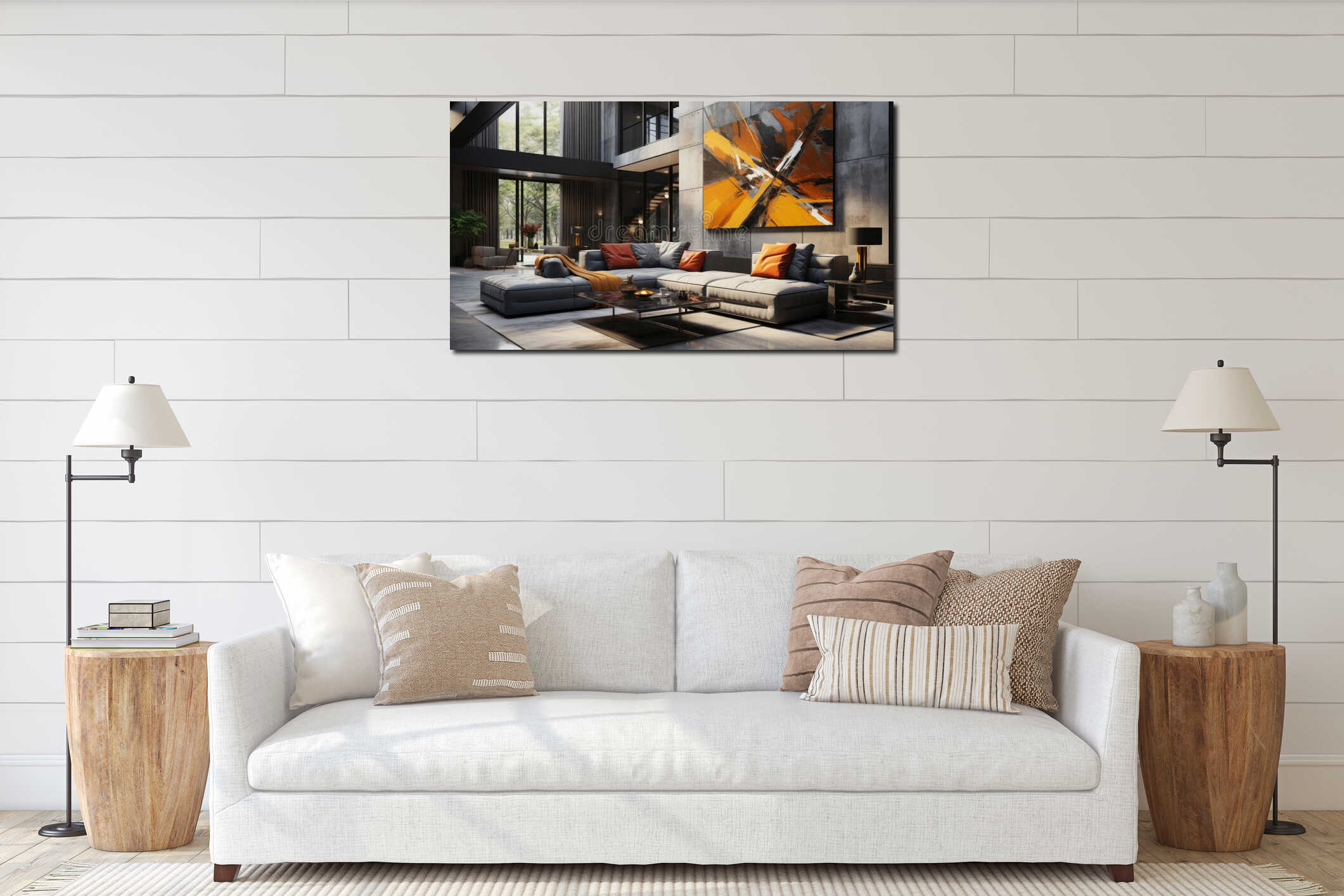 Modern living room interior in luxury open to below house. Large corner sofa, coffee table, large abstract painting on interior mockup