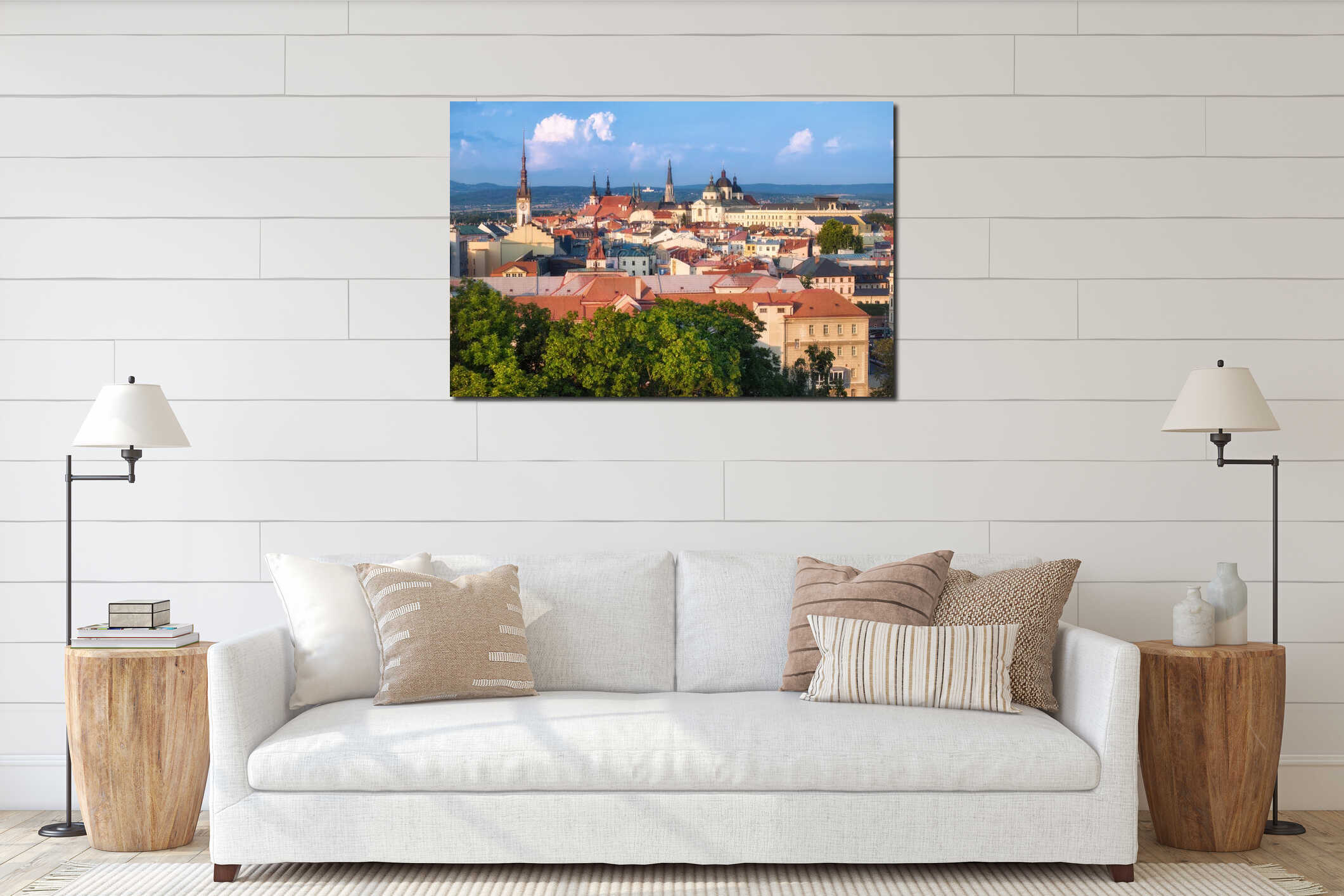 Panoramic, aerial view of the historical centre of Olomouc, ancient town and tourist spot in Central Moravia, Czech Republic. interior mockup