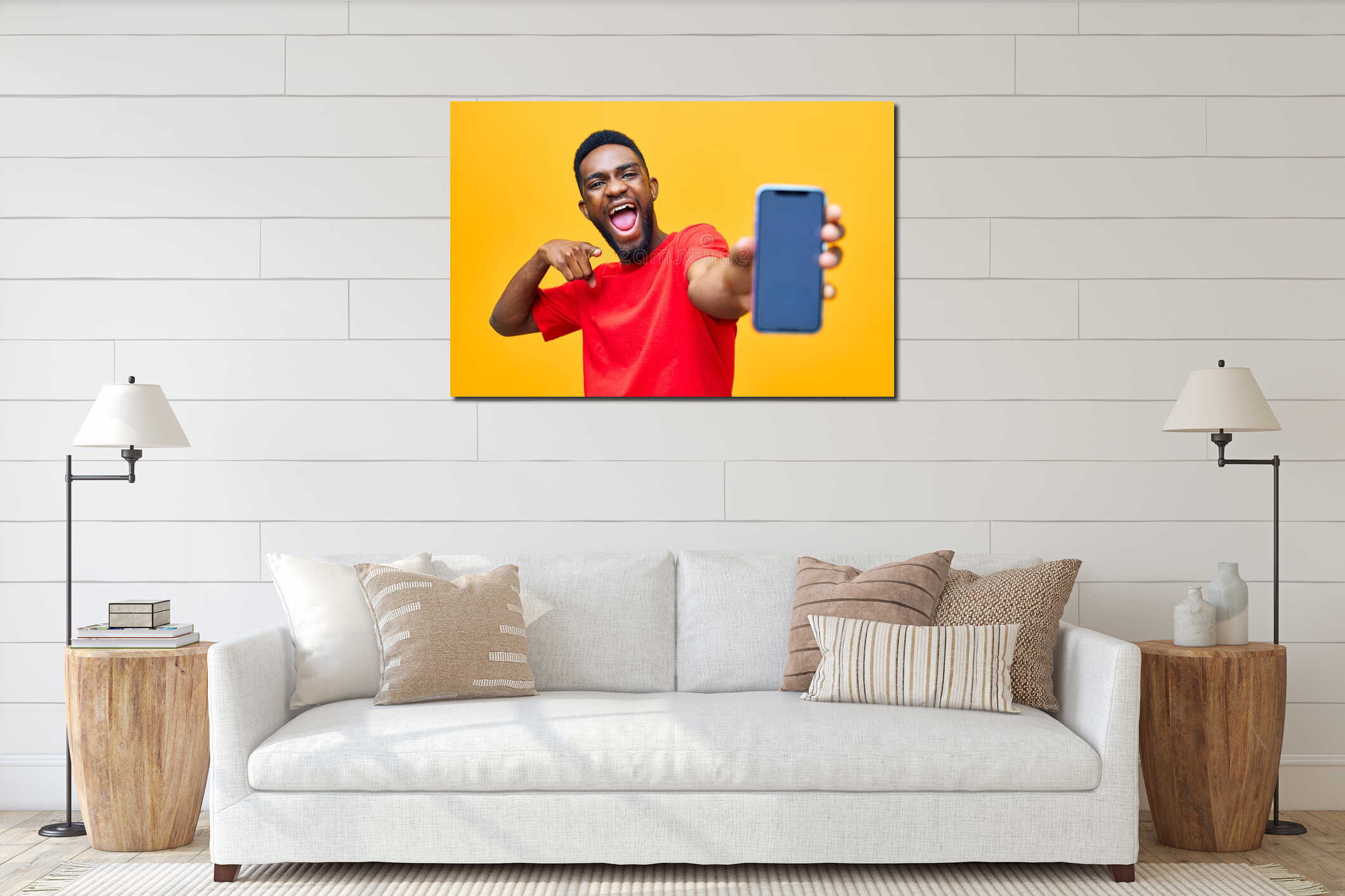 hand man yellow technology happy mobile phone young african studio black background interior mockup