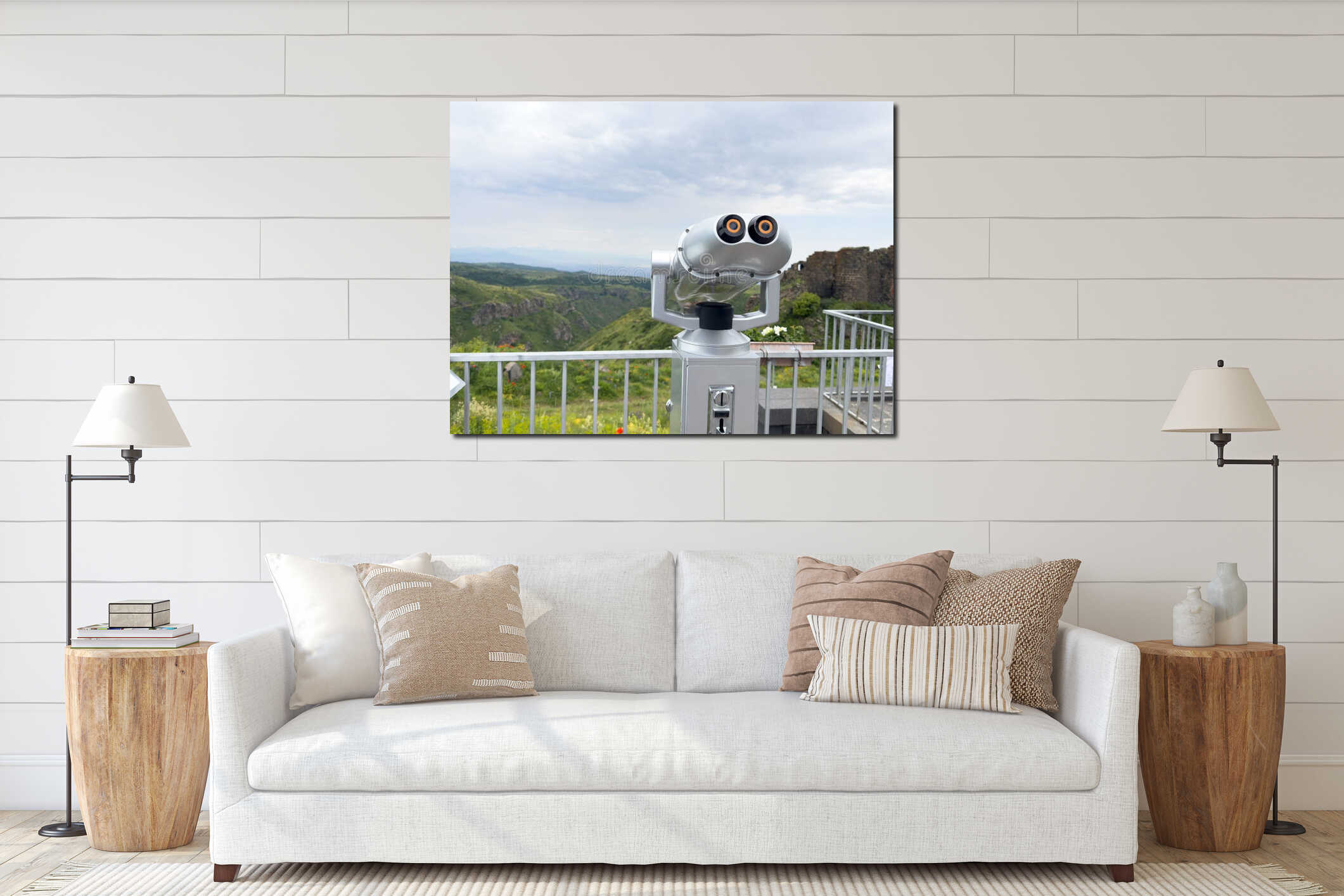 Tourist binoculars. A viewing platform for tourists. Stationary viewing binoculars. Binocular telescope on the observation deck interior mockup