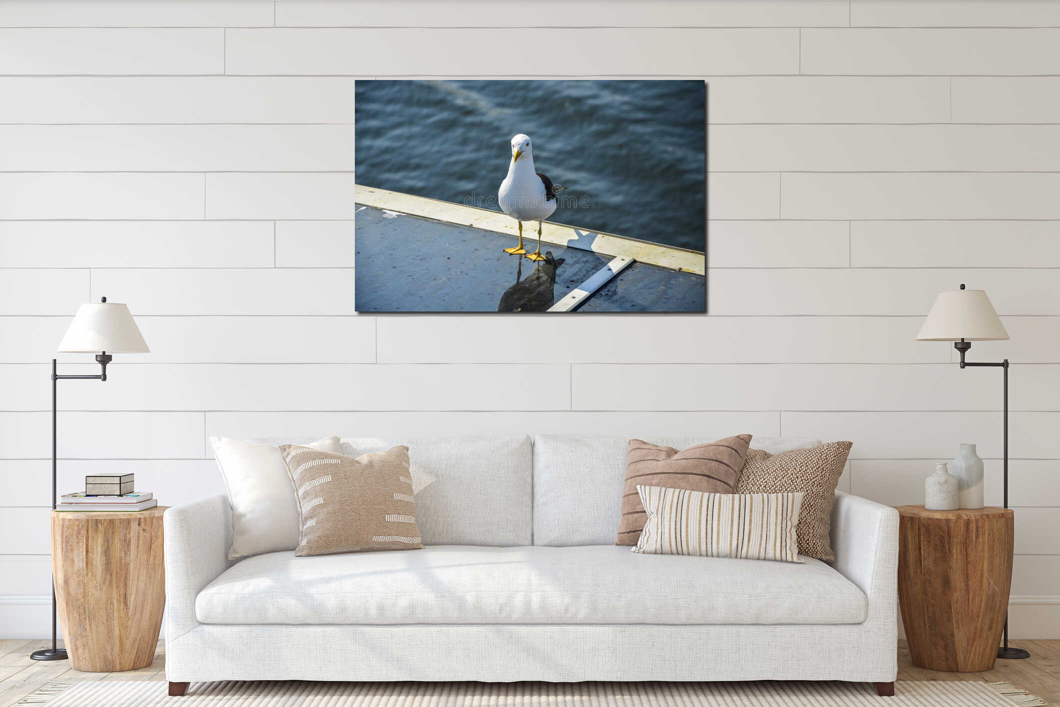White fat seagull staying and waiting for food with view rippling blue water of Baltic Sea interior mockup