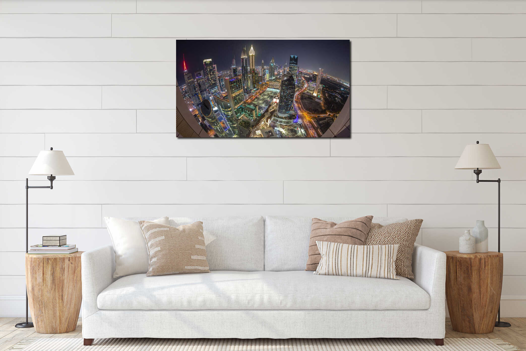 Skyline panorama of the high-rise buildings on Sheikh Zayed Road in Dubai aerial night timelapse, UAE. interior mockup