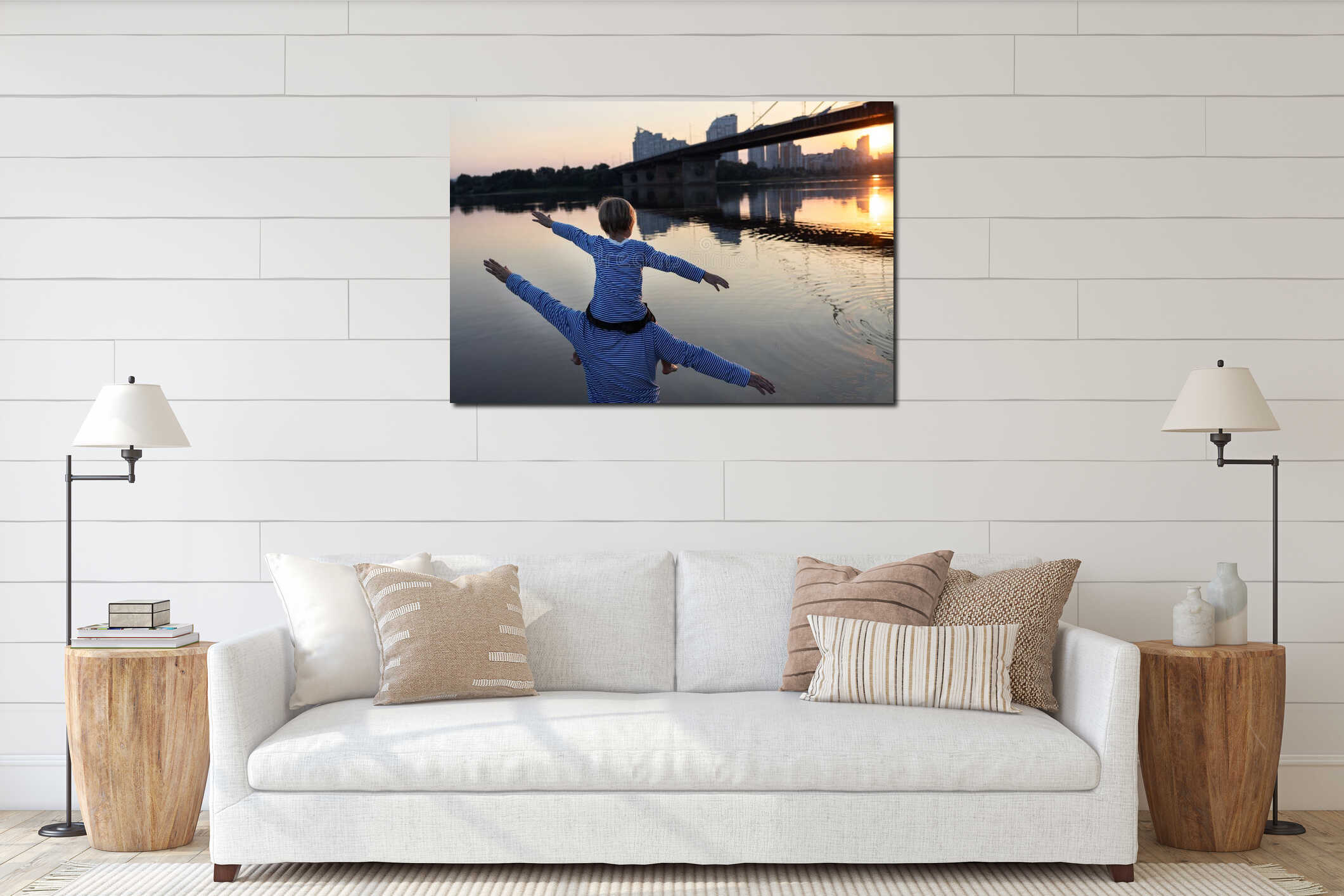 happy dad and son in identical longsleeves admiring sunset on river bank interior mockup