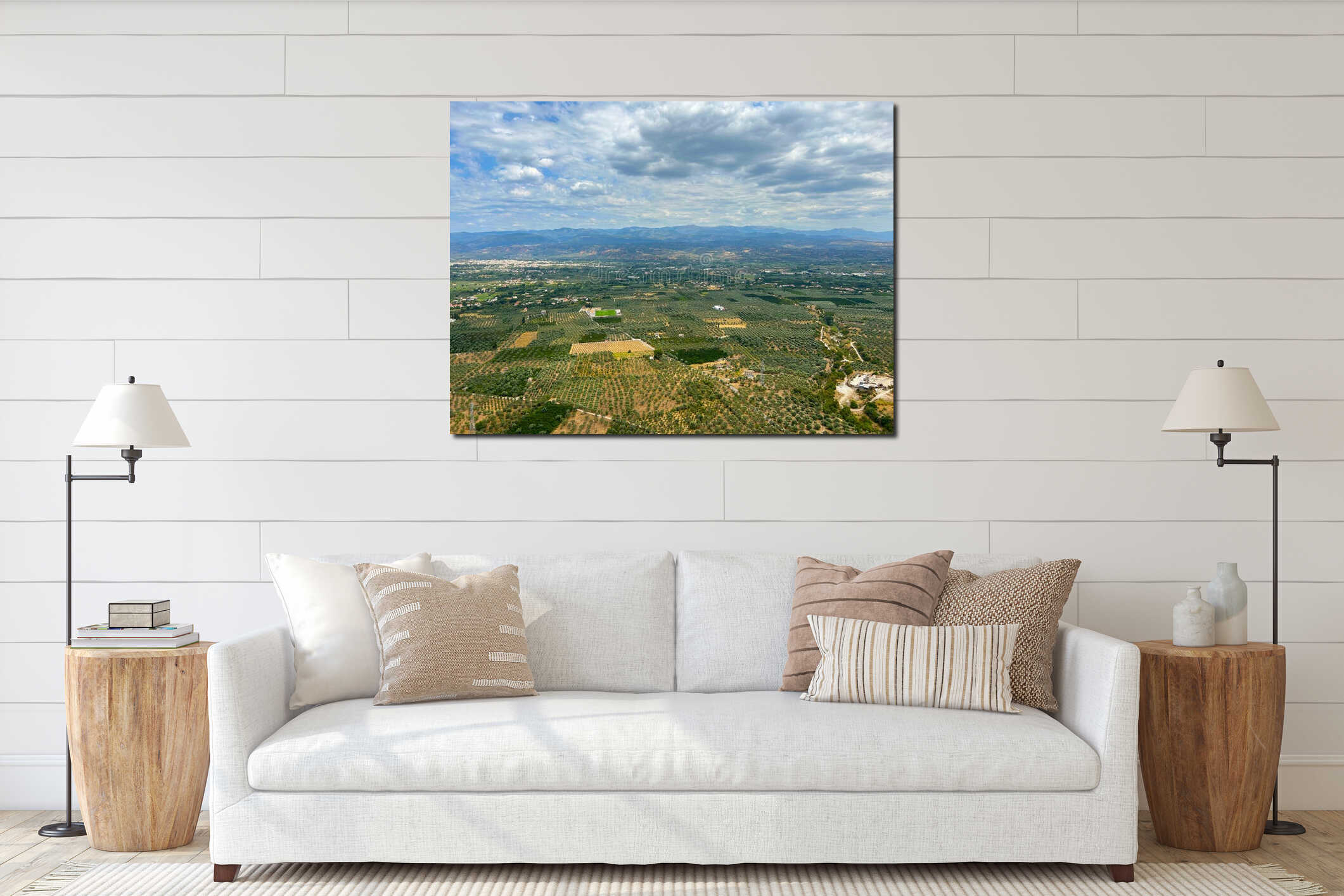 Modern city of Sparta and Parnon mountains in background interior mockup