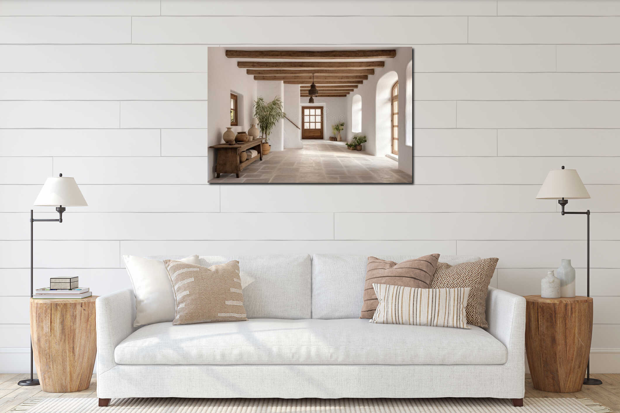 White stucco wall and ceiling with wooden beams in farmhouse hallway. Rustic style interior design of boho entrance hall interior mockup