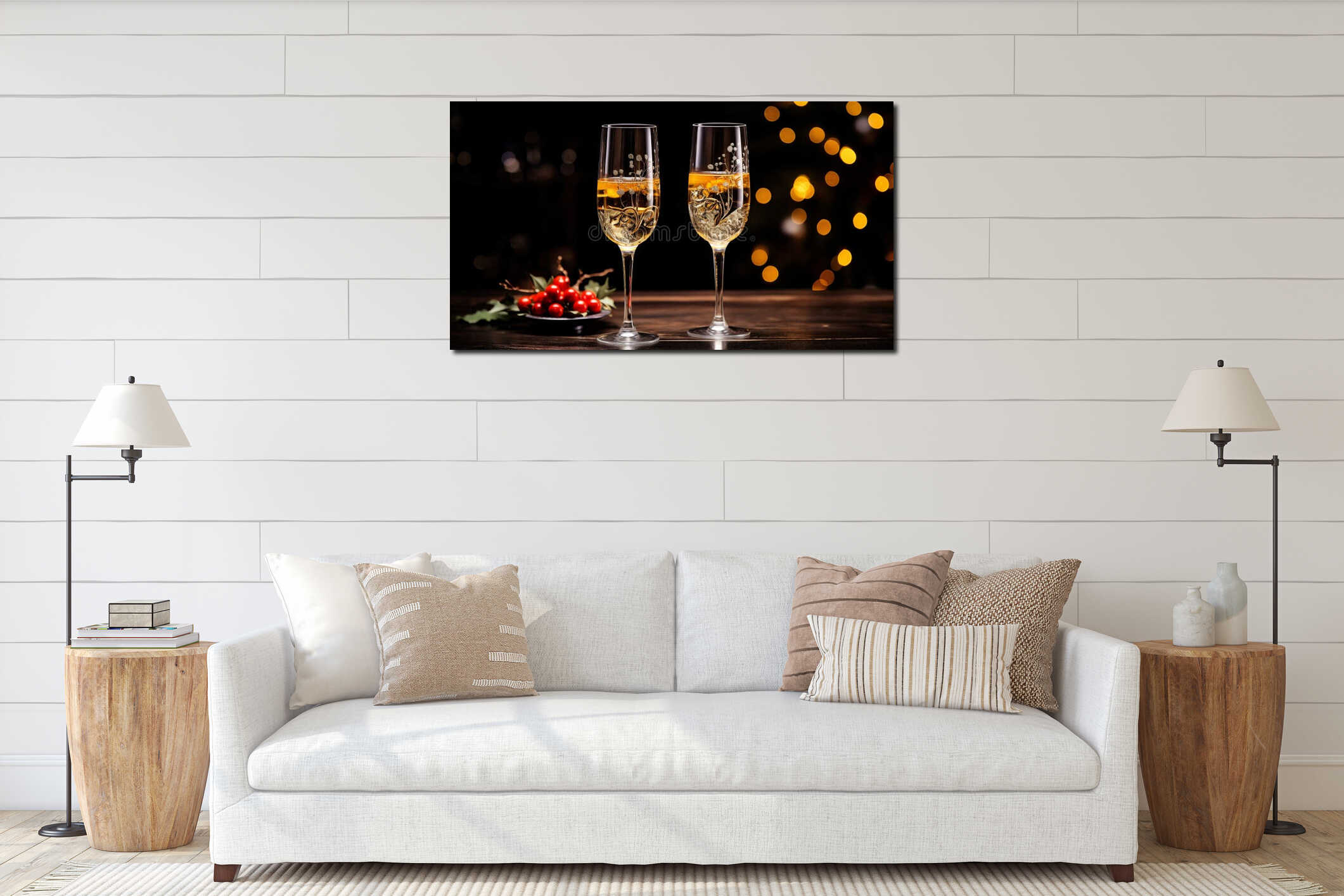 A delightful illustration featuring two glasses of sparkling wine with Christmas decorations. Generative AI. interior mockup