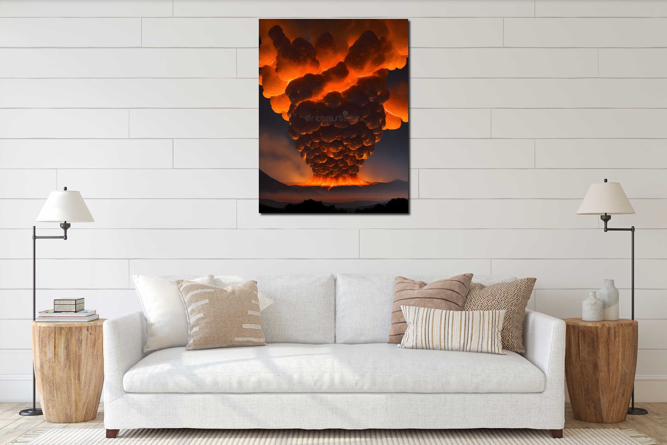 Dark clouds of smoke billow and hover above the erupting volcano, creating a menacing and awe-inspiring sight interior mockup