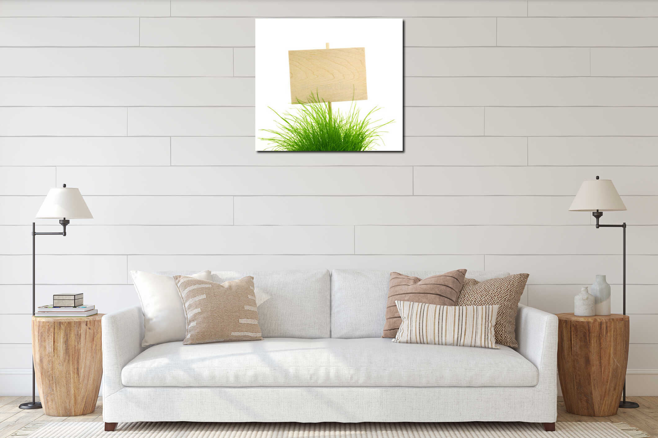 Empty Wooden Sign with Fresh Green Grass / isolated on white interior mockup