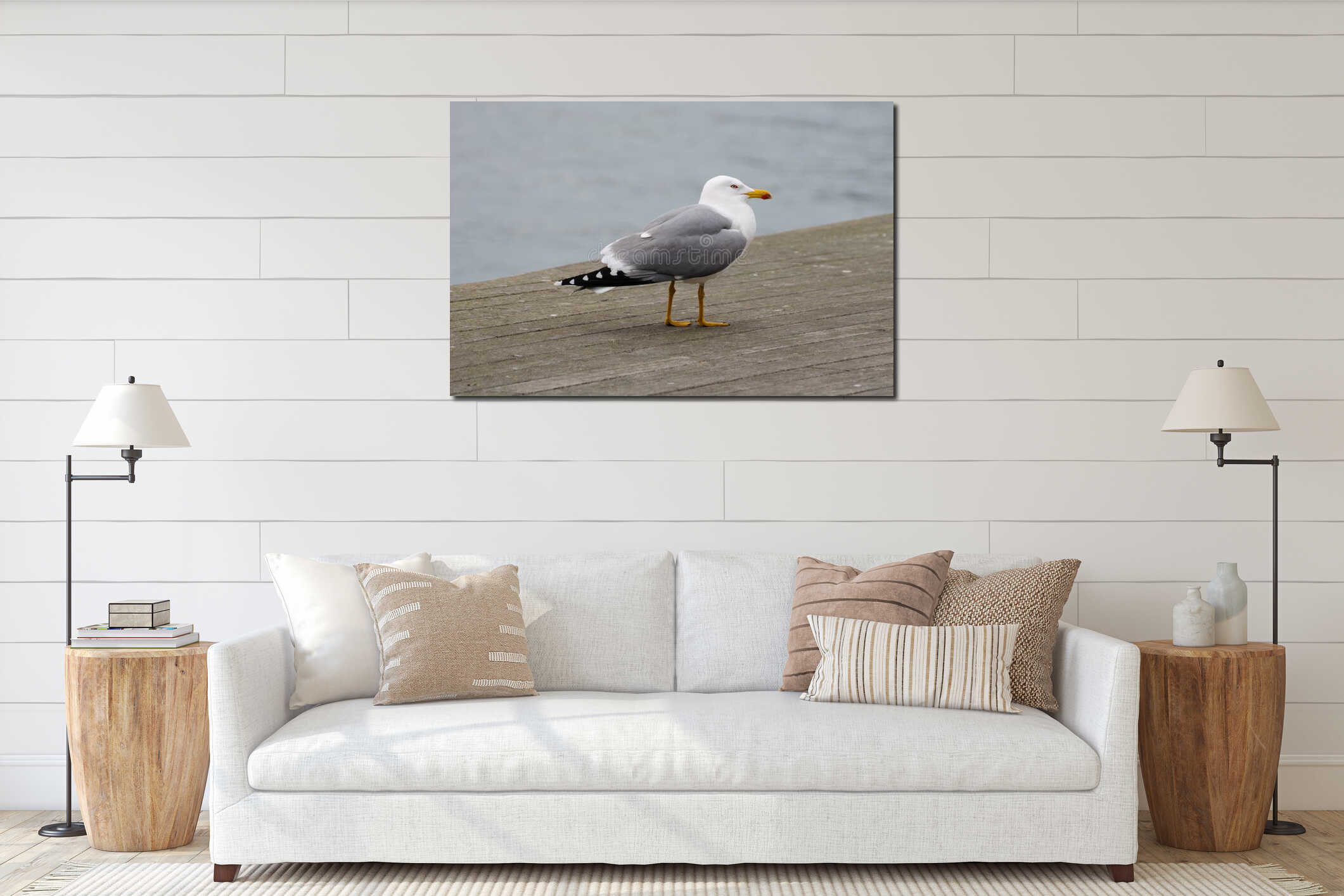 Seagull standing on a wooden floor interior mockup