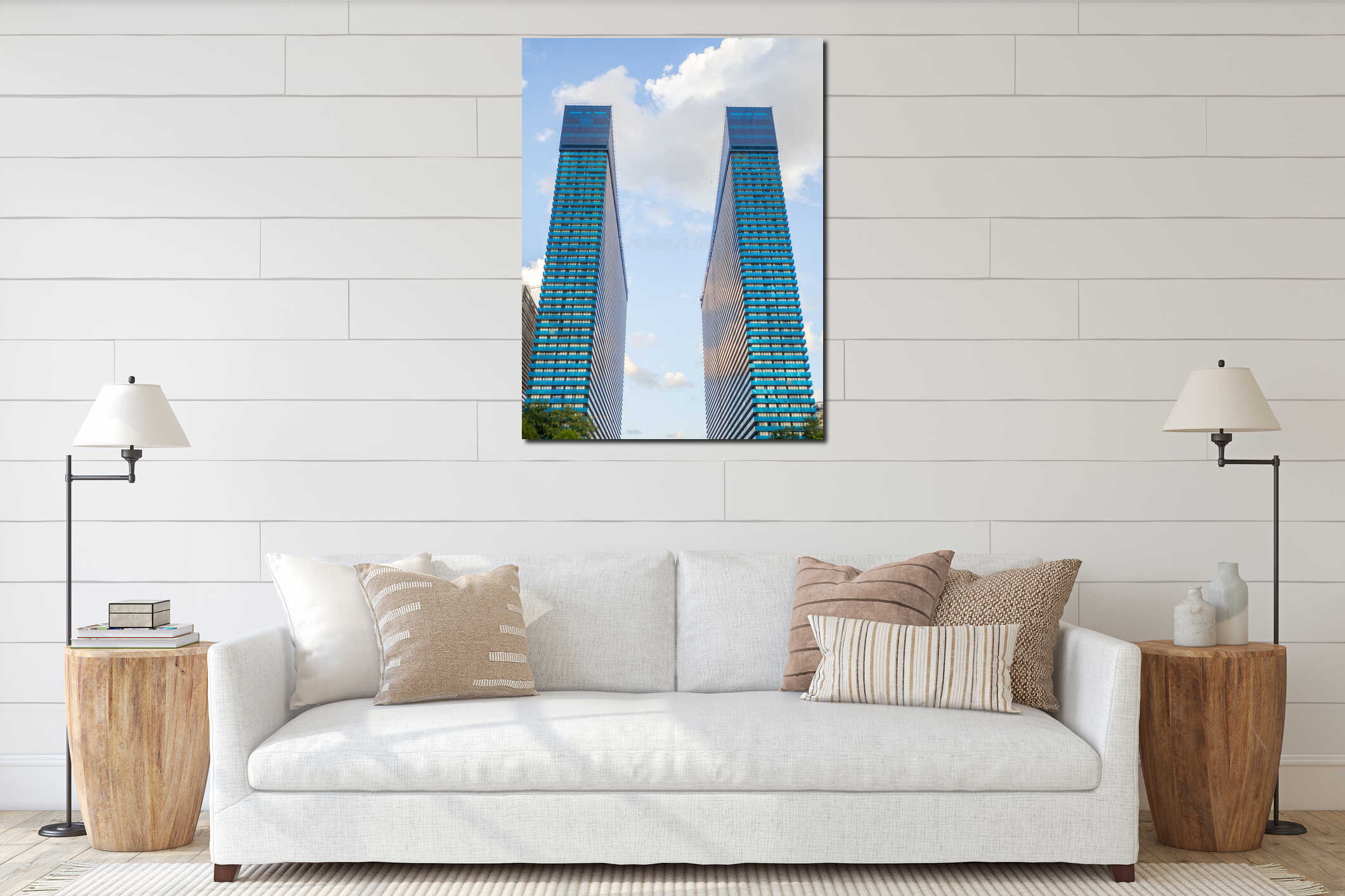 Two identical high-rise buildings. Blue skyscrapers. Orbi city. Modern city development interior mockup